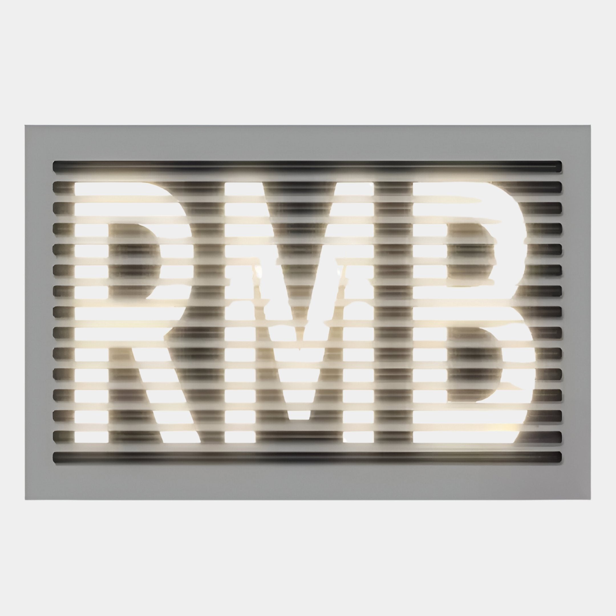 The Aurova II Contemporary Glow 3D LED Wall Art by Giant Sculptures features a frameless lightbox with horizontal slats and large, white illuminated “RMB” letters on a gray background, offering a sleek, modern look.