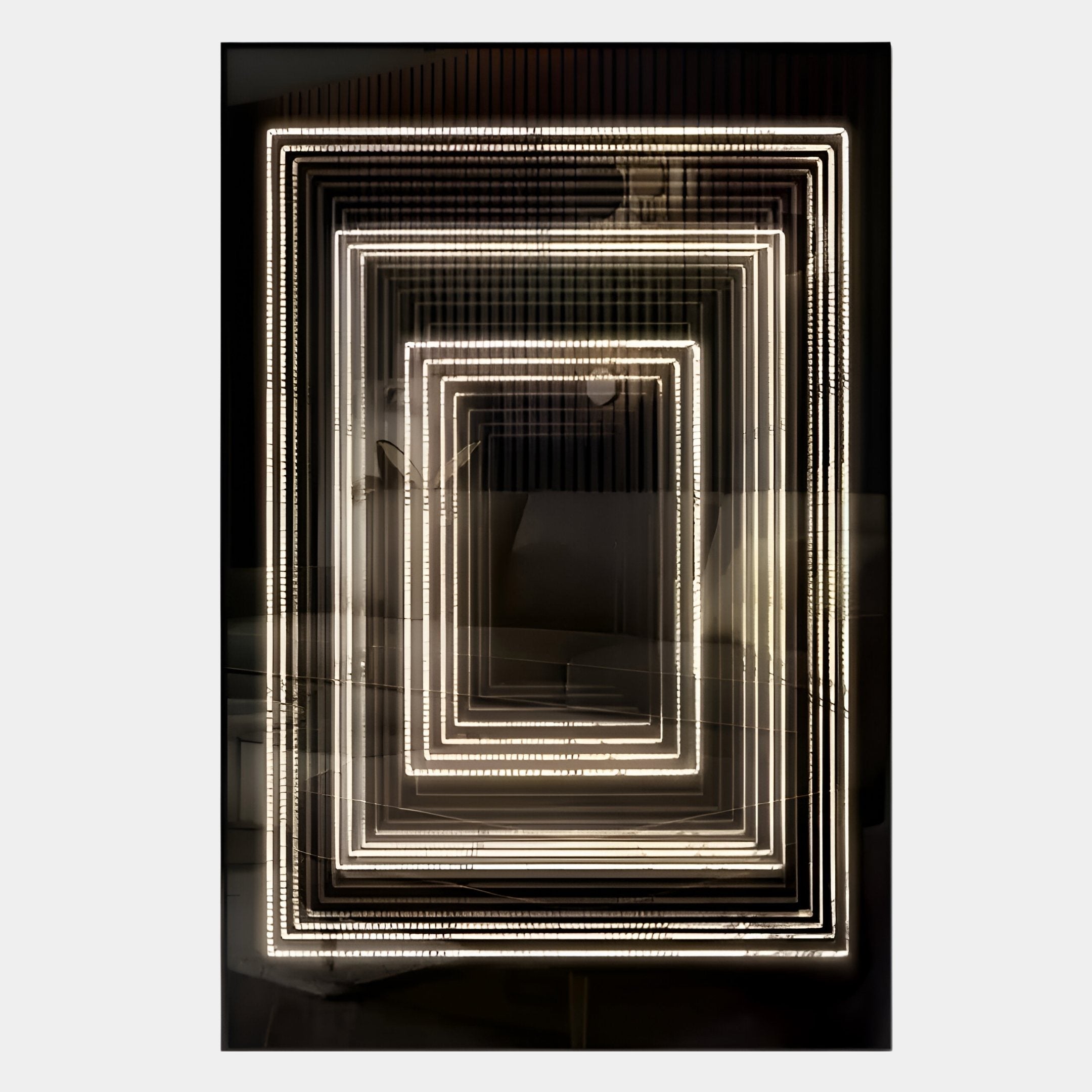 Vitralis Urban Mirage 3D Mirror LED Wall Art by Giant Sculptures features illuminated concentric squares that create a tunnel-like illusion with bright white LEDs, adding stunning depth and allure to luxury interiors.