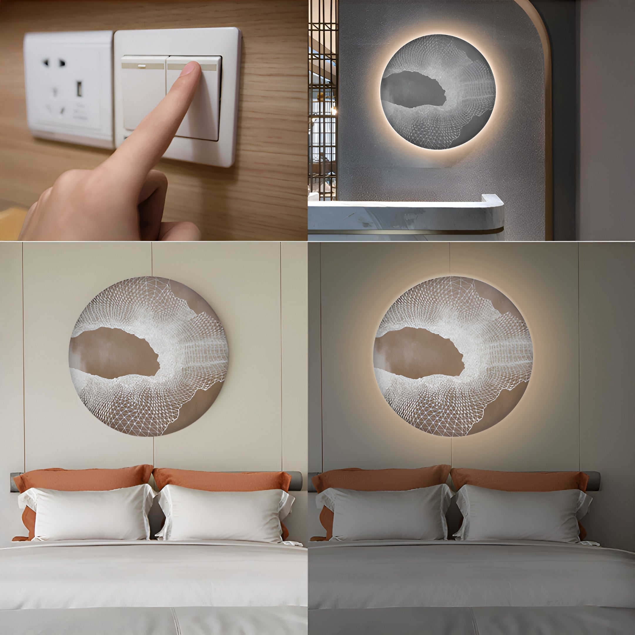 Collage featuring four images: a hand flipping a light switch on a wooden wall, Giant Sculptures Earthlight Amber Glow LED Wall Art with ambient lighting above a sink, and two views of a double bed with white bedding and the 3D textured painting in amber tones above the headboard.
