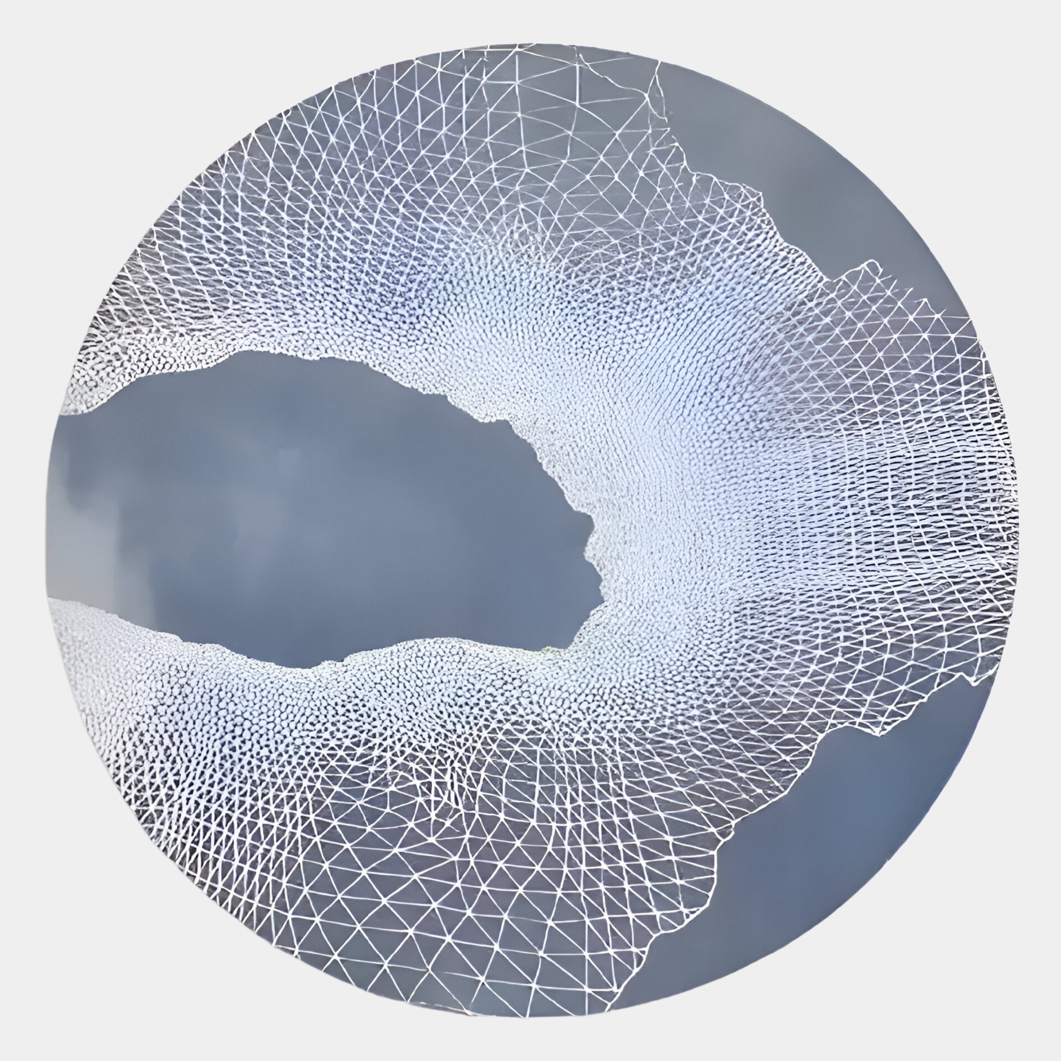 A circular image of geometric wireframe mesh with white lines forming triangles around a central void on a gray gradient, ideal as the Earthlight Emerald Cascade 3D Textured Oil Painting LED Wall Art by Giant Sculptures.