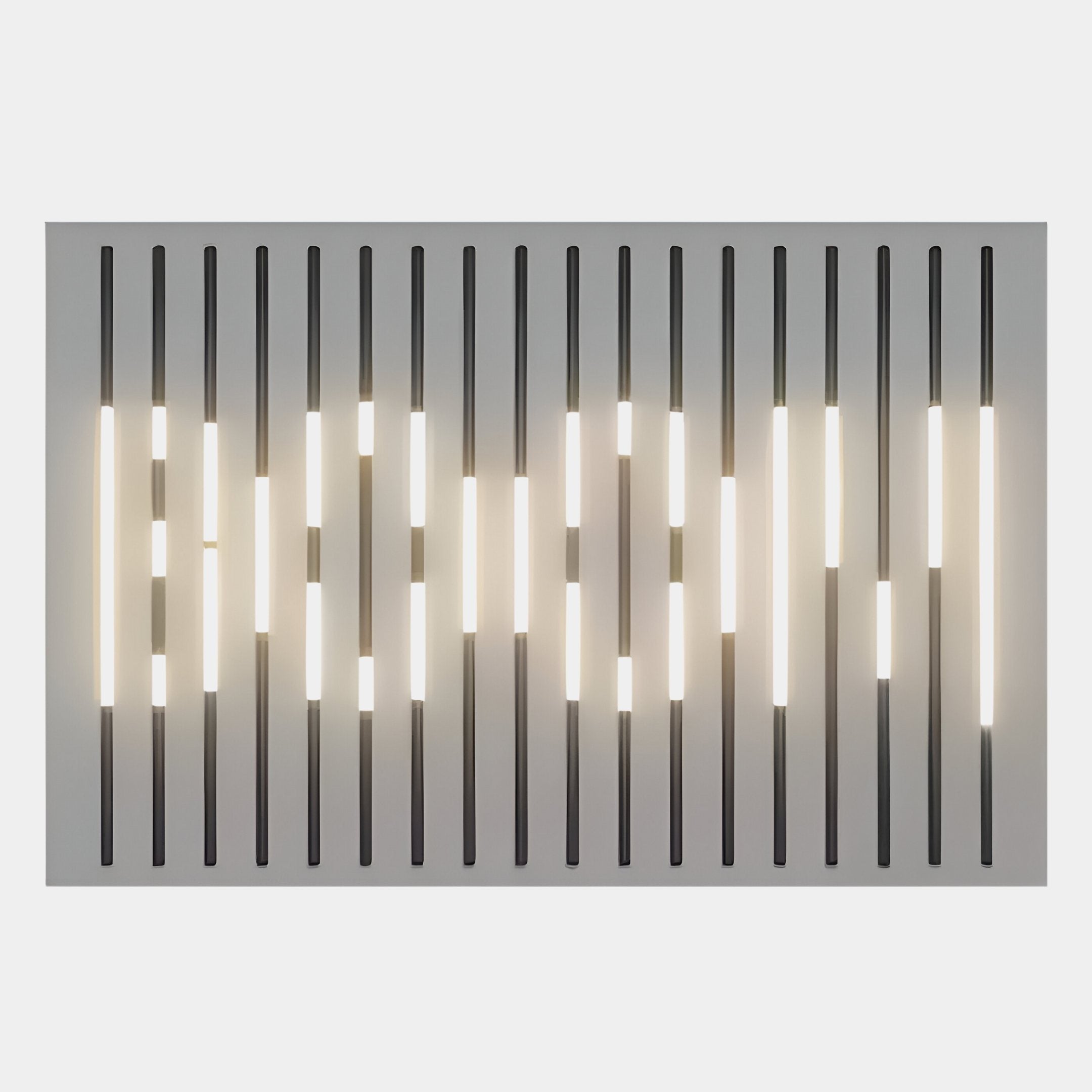 The Verlux Linear Harmony 3D LED Wall Art by Giant Sculptures displays evenly spaced black lines and glowing white bars in a striking, symmetrical pattern against a light gray background.