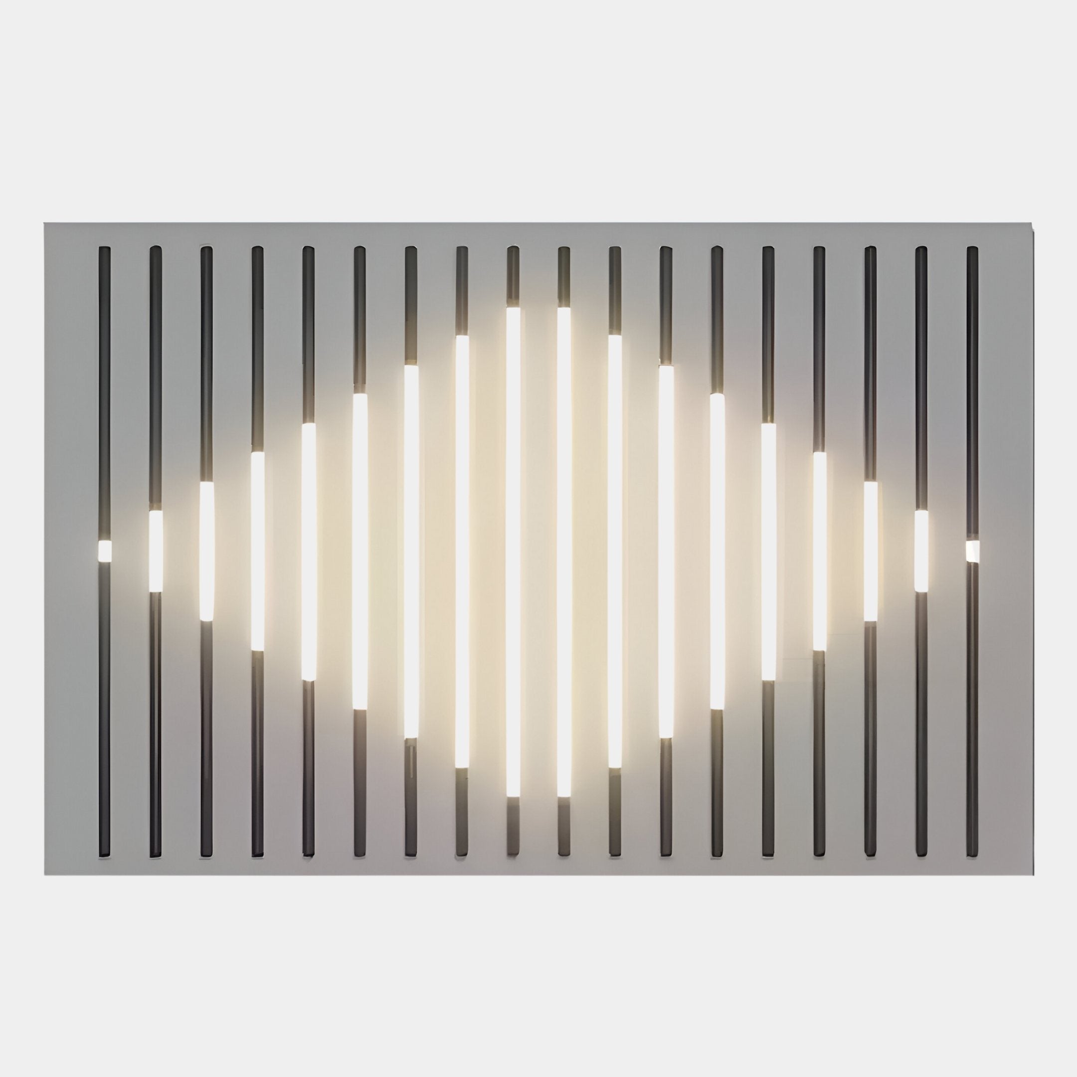 The Verlux Geometric Glow 3D LED Wall Art by Giant Sculptures features a rectangular panel with vertical black slits and a central diamond-shaped cluster of bright white LED lights, offering a striking and modern geometric design.