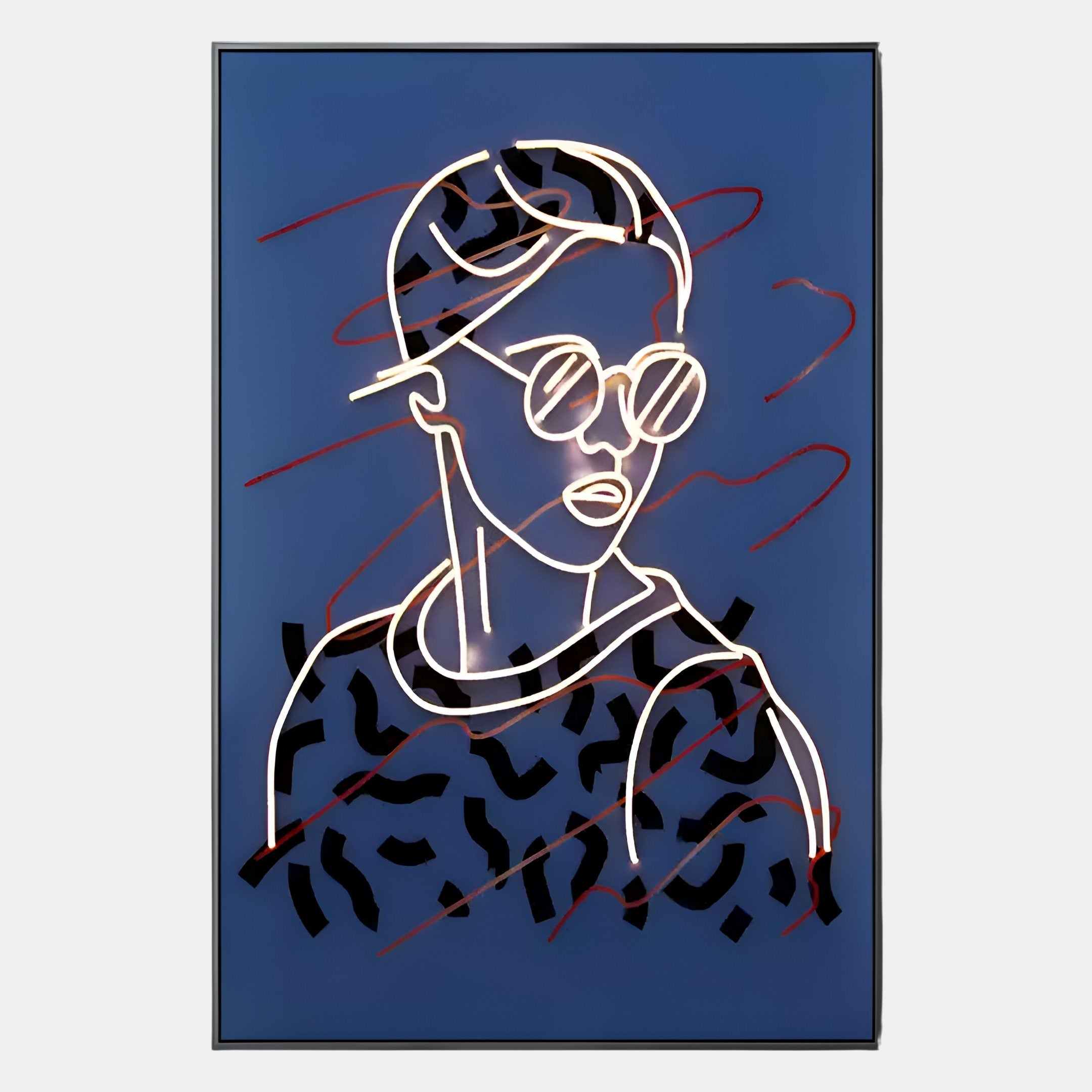 The Polaris Urban Vogue Crystal Porcelain 3D LED Wall Art by Giant Sculptures features a modern, minimalist design with a person in round glasses and cap on a blue background with abstract black and red patterns—ideal for stylish interiors.