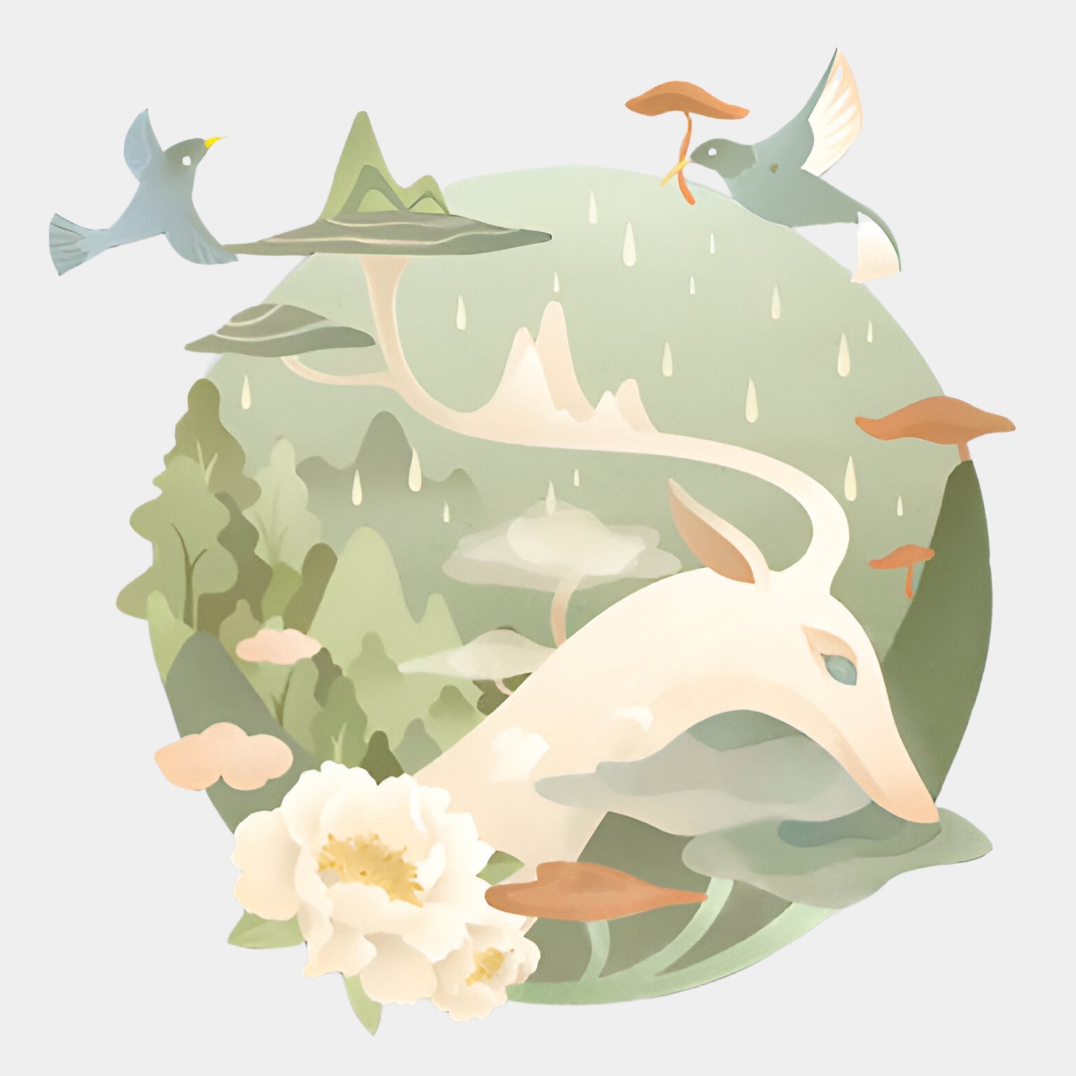 The Gaia Misty Pastel Wood Engraving 3D LED Wall Art by Giant Sculptures features a white deer amid mountains, trees, and birds in soft pastel tones—an enchanting, dreamy nature-inspired décor piece.