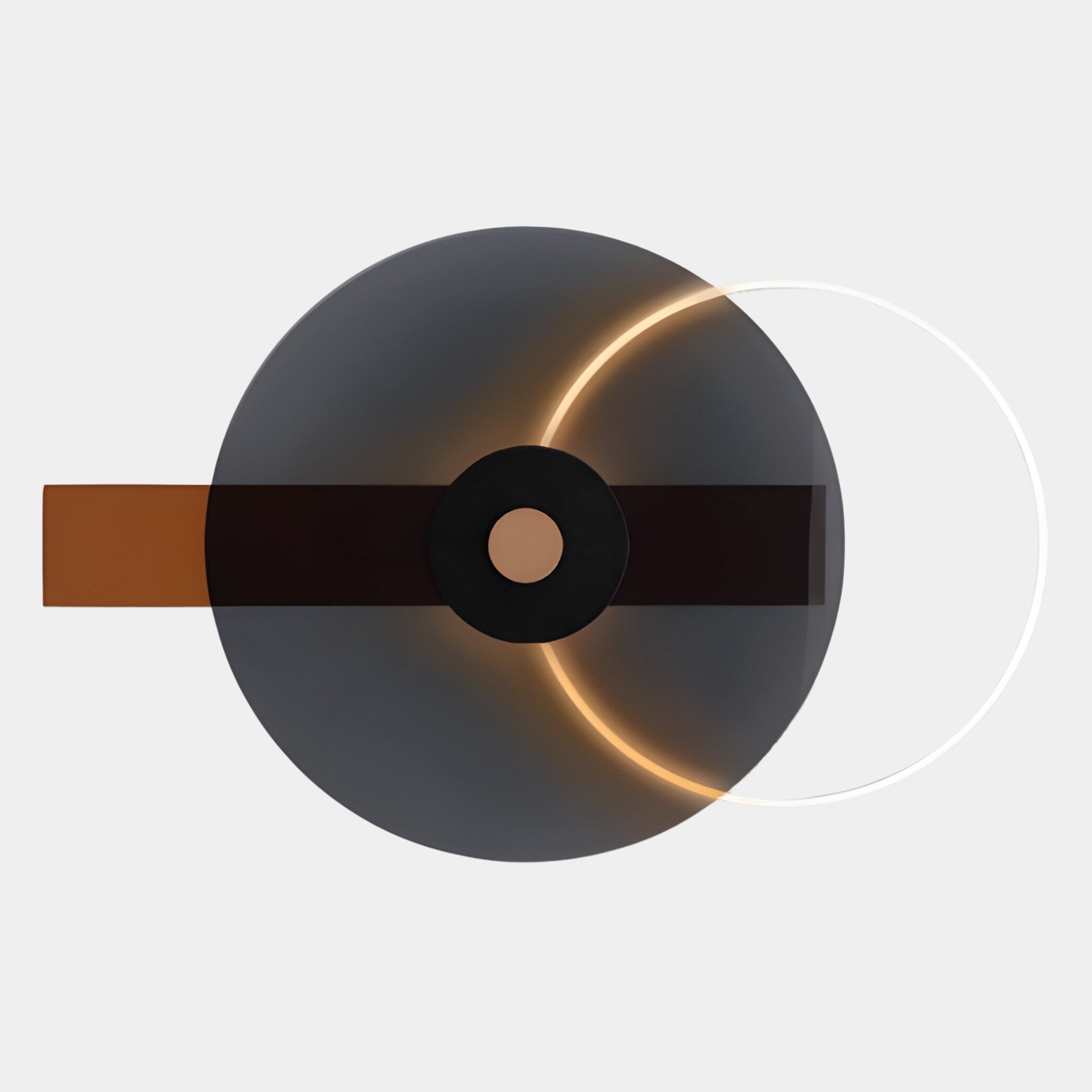 The Eclipse I Charcoal Bronze Acrylic 3D LED Wall Art by Giant Sculptures features a large gray circle, horizontal brown rectangle, glowing arc, and thin white semicircle—ideal for adding striking geometric style to contemporary interiors.