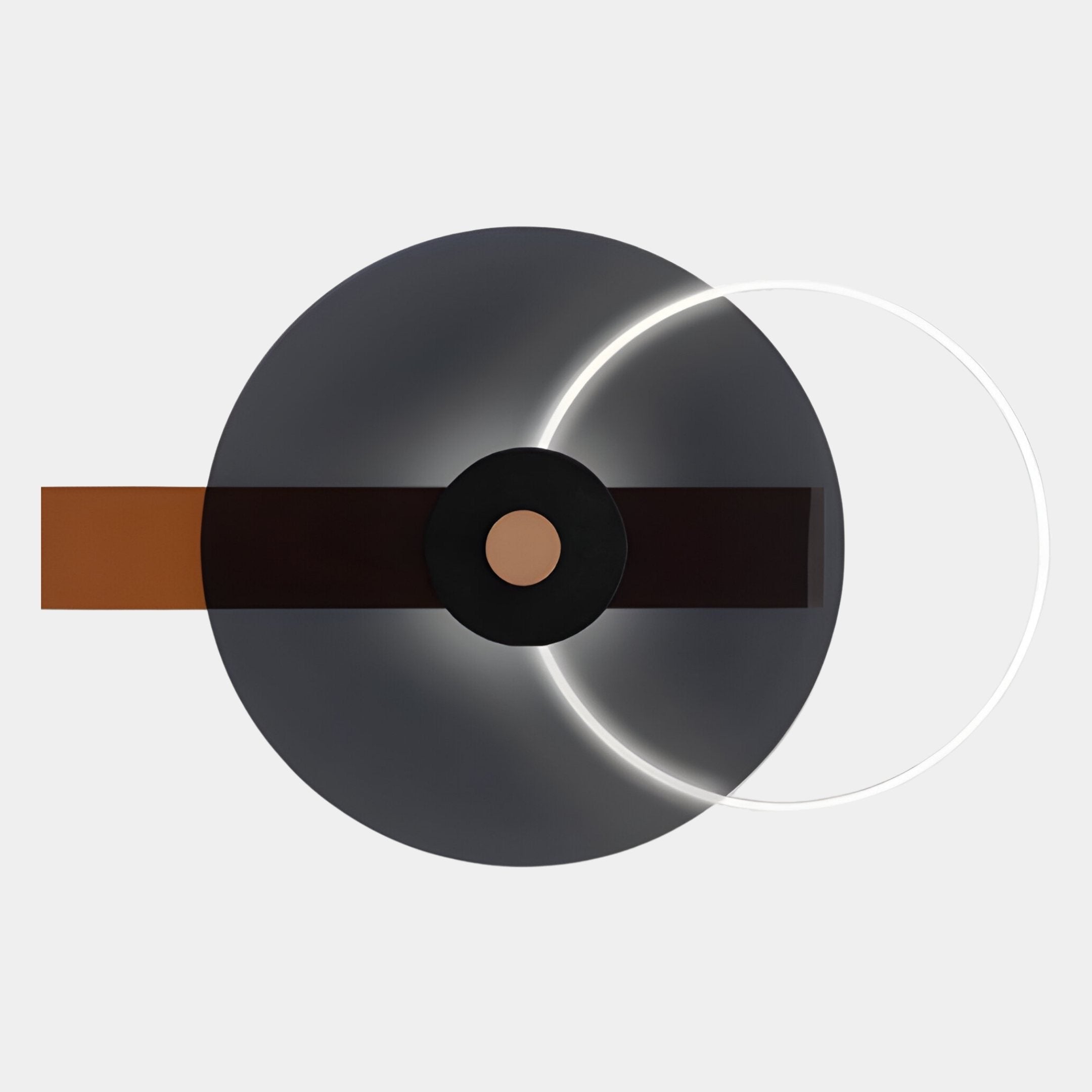 The Eclipse II Charcoal Bronze Acrylic 3D LED Wall Art by Giant Sculptures features bold modern geometry: a charcoal bronze circle, horizontal brown rectangle, central black circle, and an illuminated white semicircular arc.