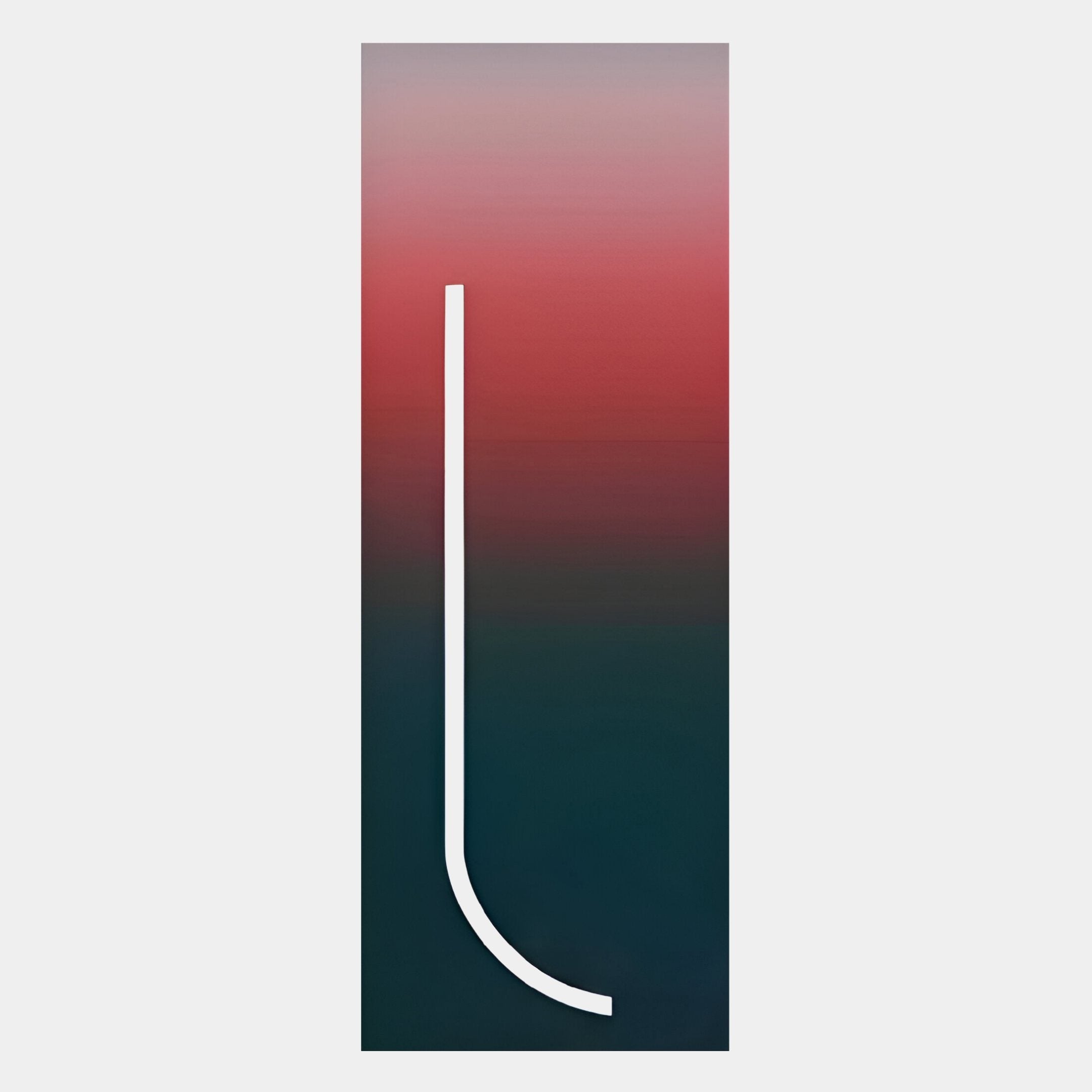 The Arcolume II Geometric Abstraction Gradient LED Wall Art by Giant Sculptures features a tall, rectangular design with a red-to-dark green gradient and a thin white vertical line curving rightward at the bottom.