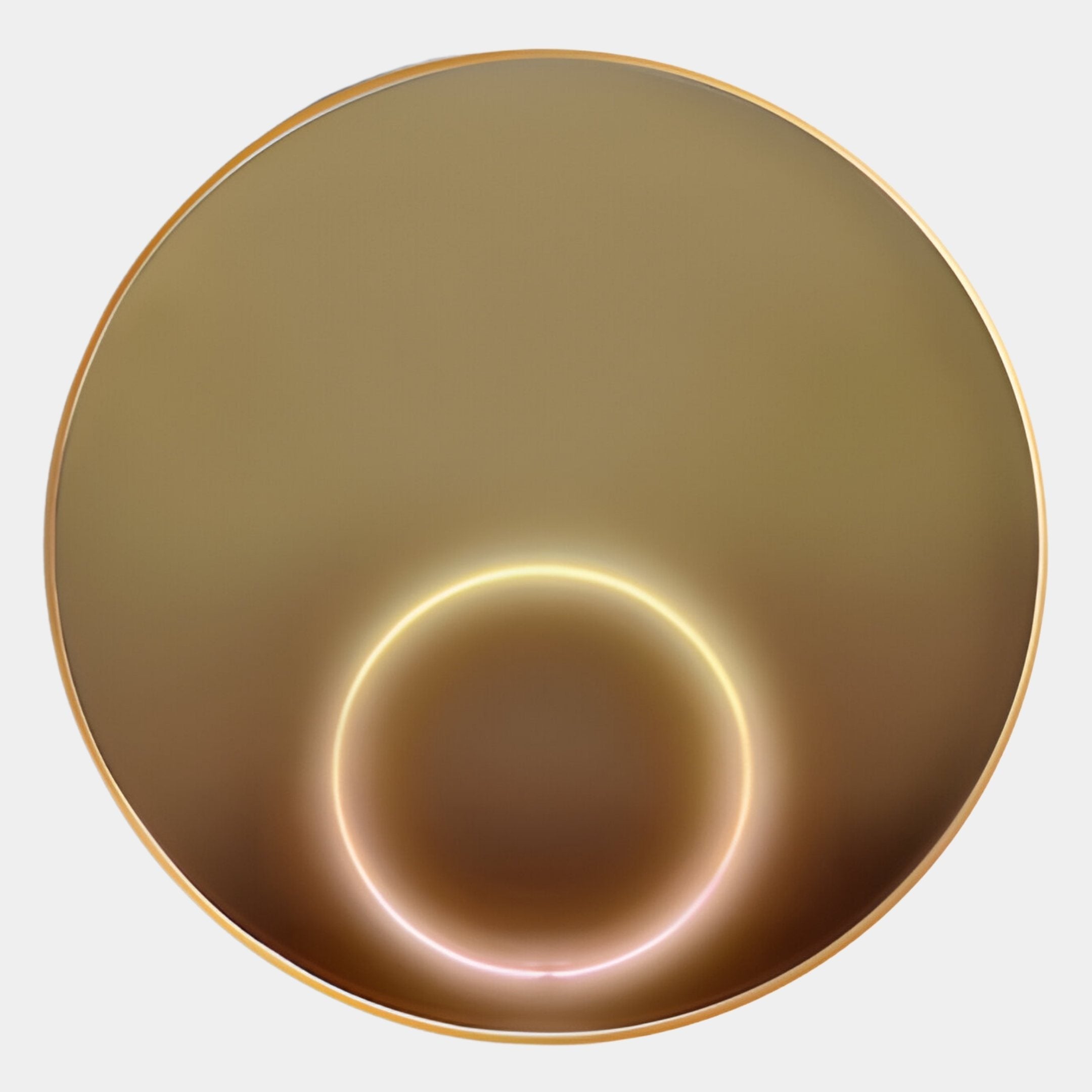 The Aurora Golden Halo Crystal Porcelain LED Wall Art by Giant Sculptures features a round, gold-colored disc with a glowing central LED ring, its minimalistic modern design reminiscent of an elegant golden halo. Set against a plain white background.