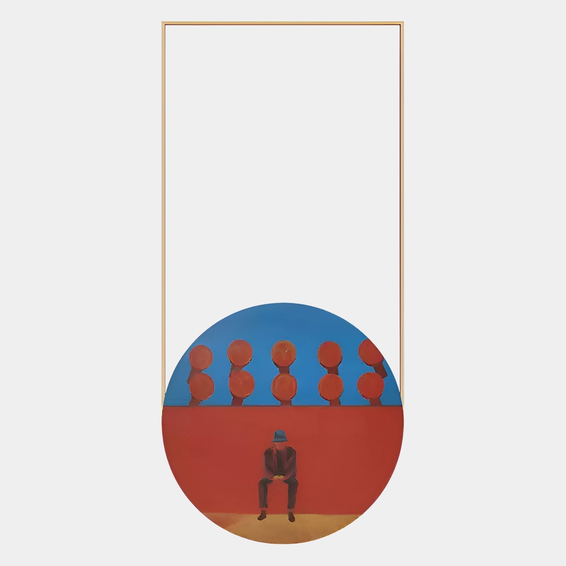 The Orion Crimson Silhouettes Oil Painting LED Wall Art by Giant Sculptures features a man in a hat on a bench against a red wall with eight red balloons, framed in a circle—ideal for modern interiors.