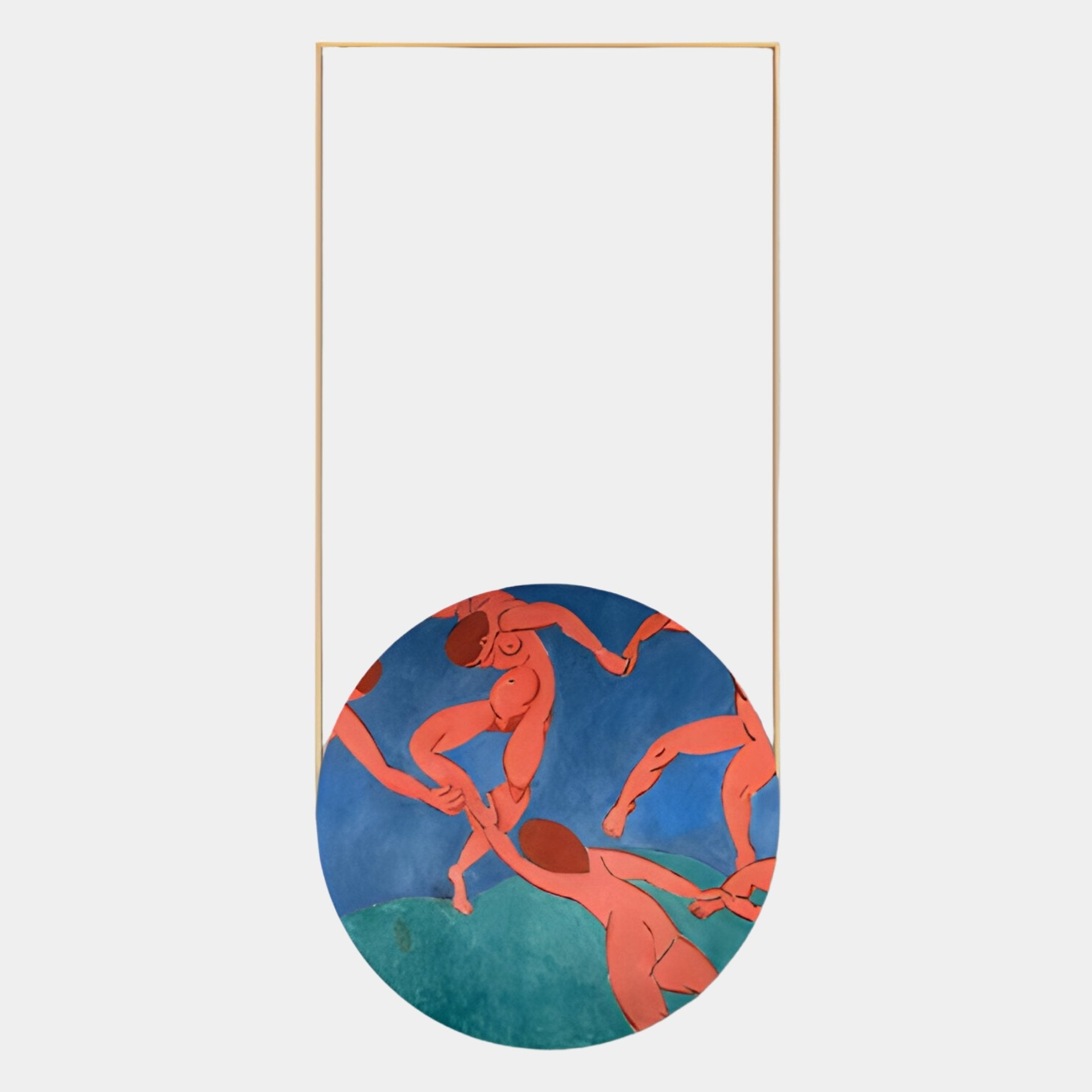 The Orion Coral Dancers Oil Painting LED Wall Art by Giant Sculptures has a rectangular frame with a large circle at the bottom, featuring abstract red dancers against blue and green, while the upper area remains empty and white.