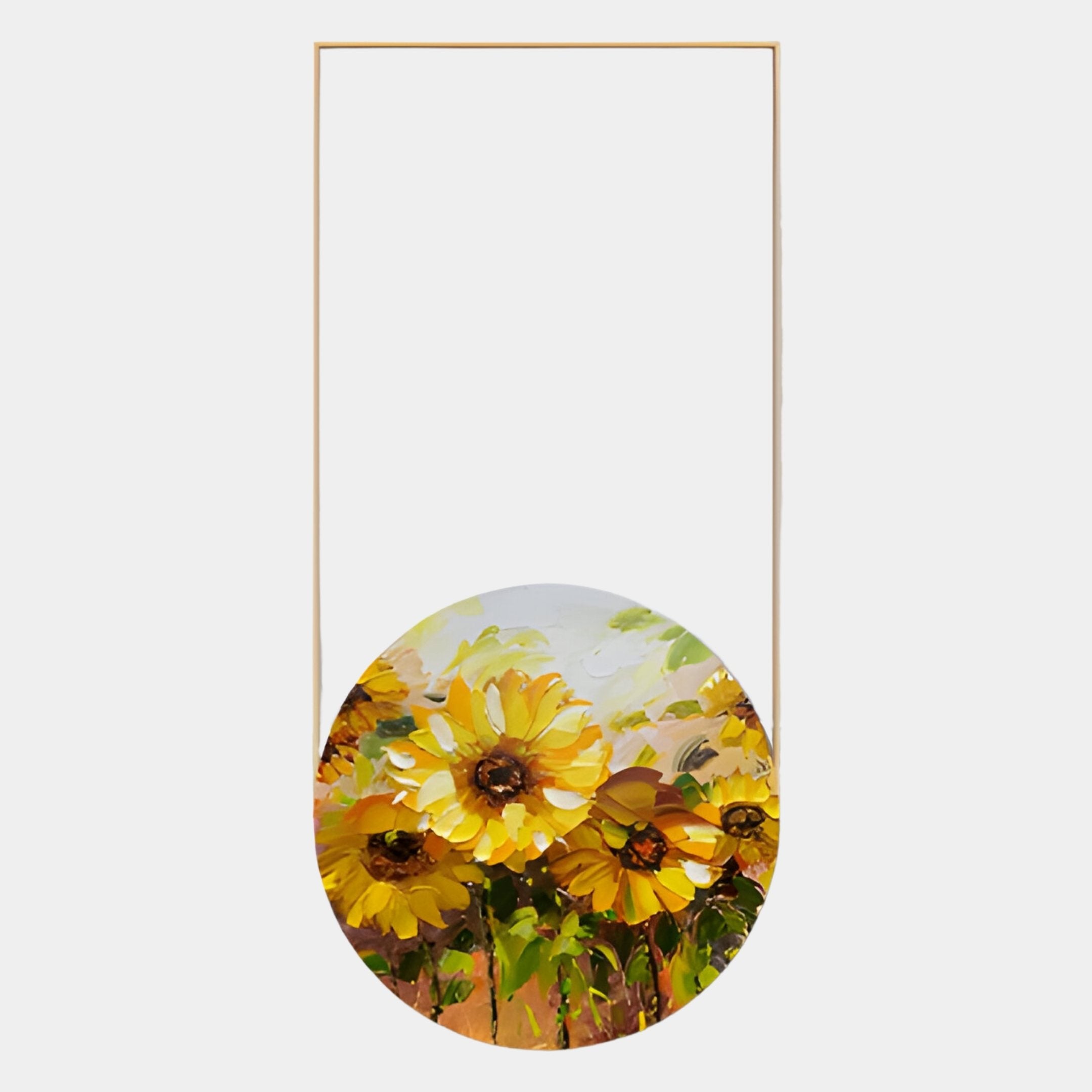 The Orion Sunflower Fields I Oil Painting LED Wall Art by Giant Sculptures features vibrant yellow sunflowers and green leaves, hand-painted and set in a tall, slim rectangular wooden frame against a white backdrop.