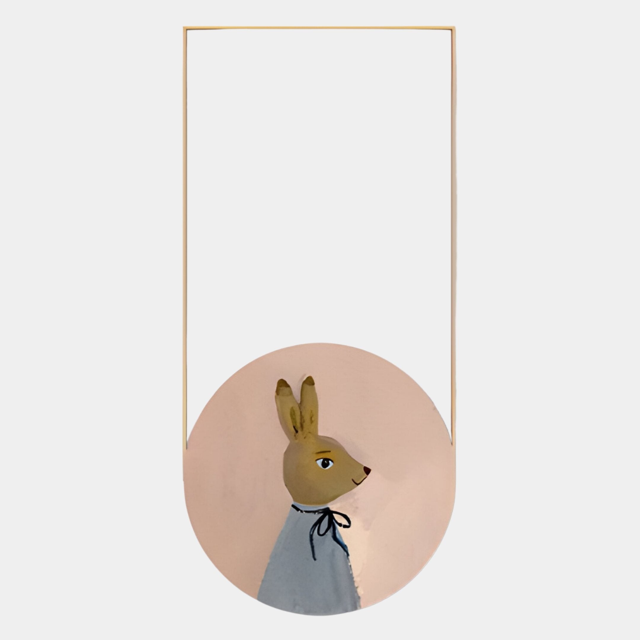 The Orion Bunny Daydream Oil Painting LED Wall Art by Giant Sculptures features a minimalist bunny in profile, dressed in a blue shirt and black bow, within a gold-outlined frame—perfect for pastel home decor.