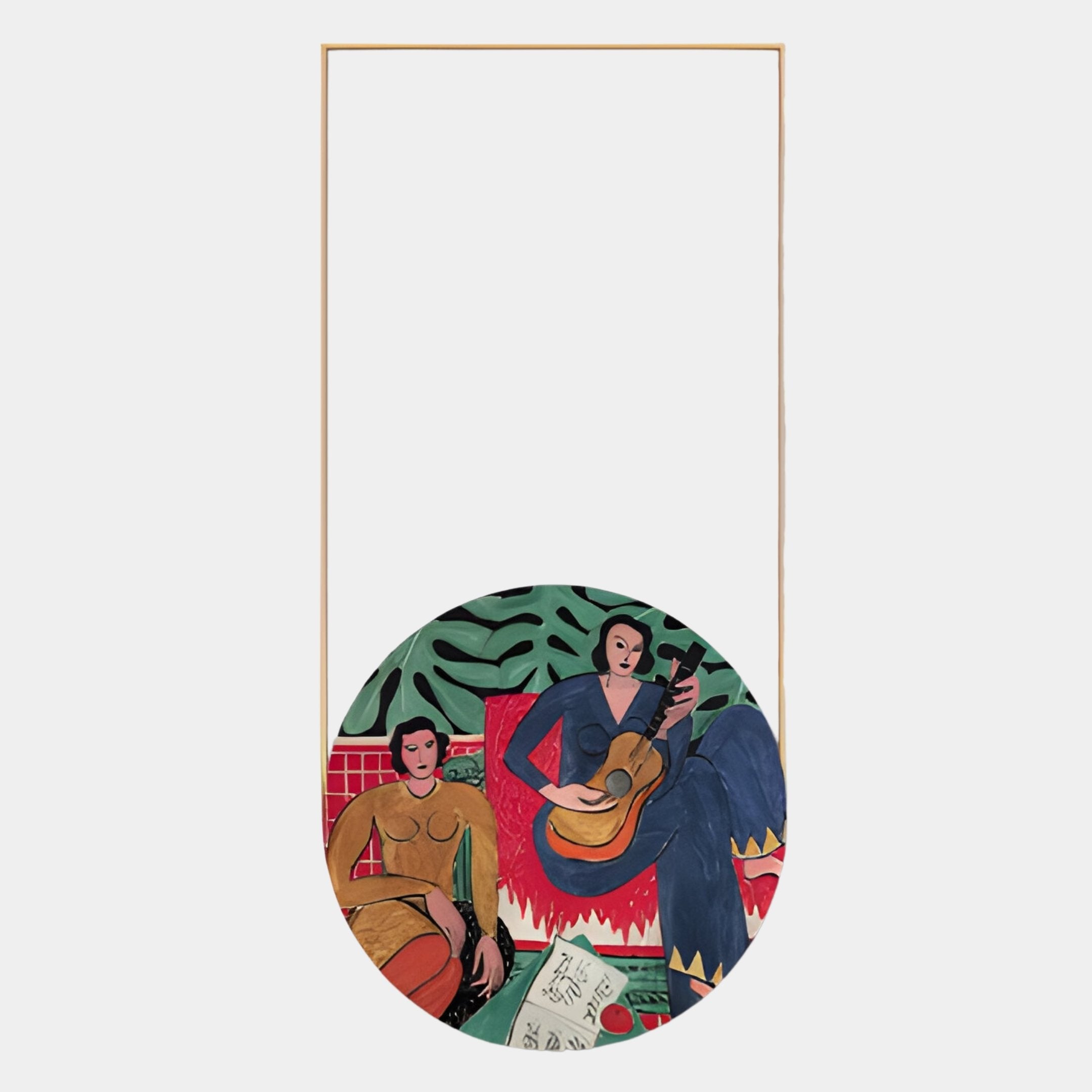 Giant Sculptures’ Orion Folk Serenade Oil Painting LED Wall Art features a circular cut-out of two abstract figures in colorful attire—one with a guitar—set among foliage, framed by a blank white border.