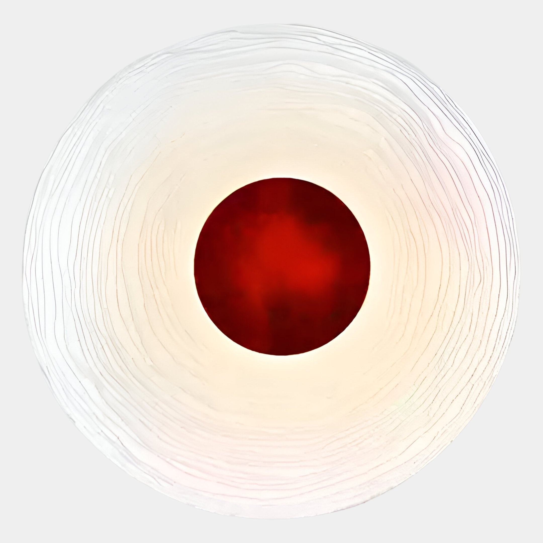 The Ventus Crimson Flame Wood Carving 3D LED Wall Art by Giant Sculptures features thin, wavy lines radiating from a solid red center on a white circular base, crafted with sustainably sourced timber and set against a light gray background.