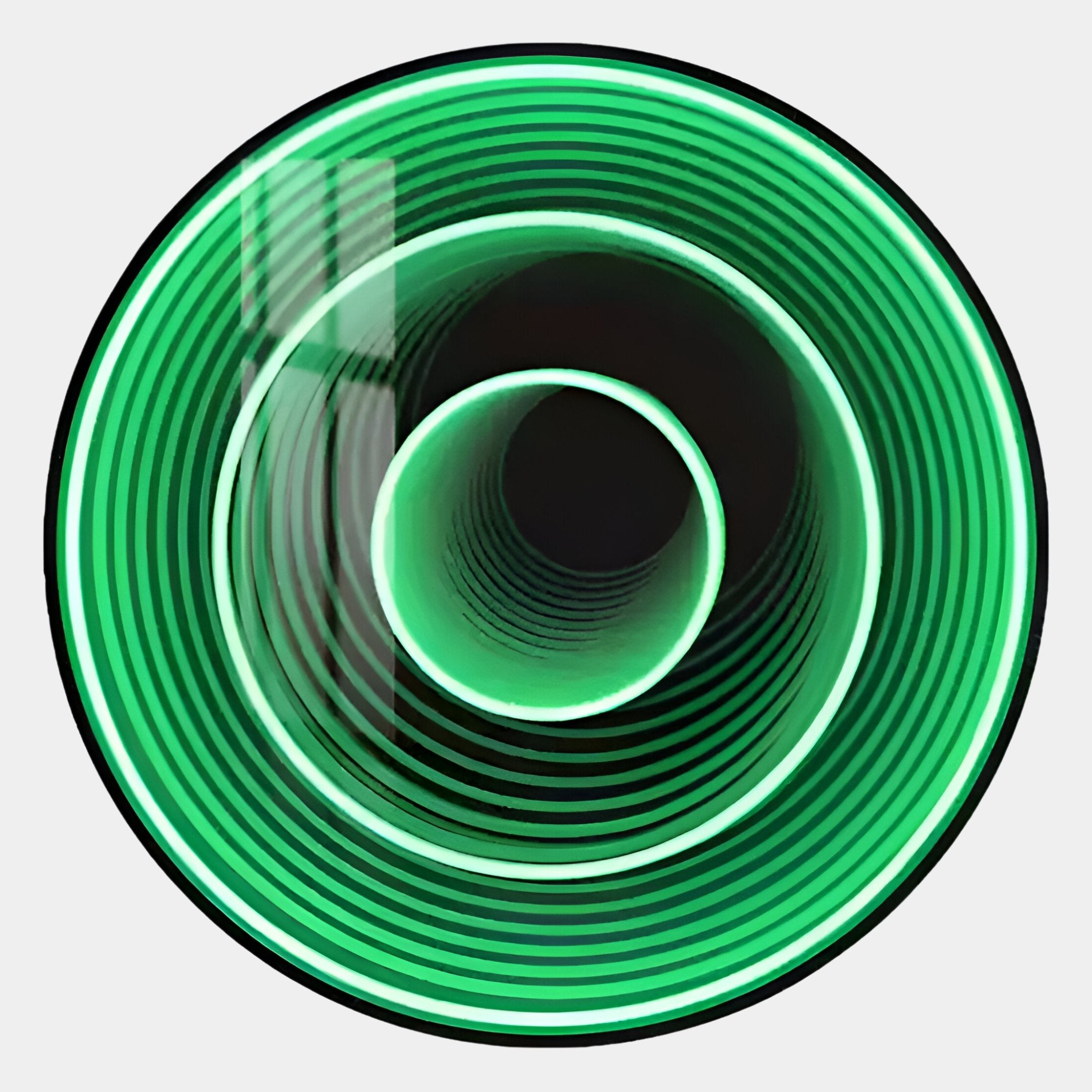 The Reflex Emerald Mirror 3D LED Wall Art by Giant Sculptures features luminous green concentric rings in a vortex pattern with a reflective highlight, creating a striking black-centered spiral perfect for modern decor.