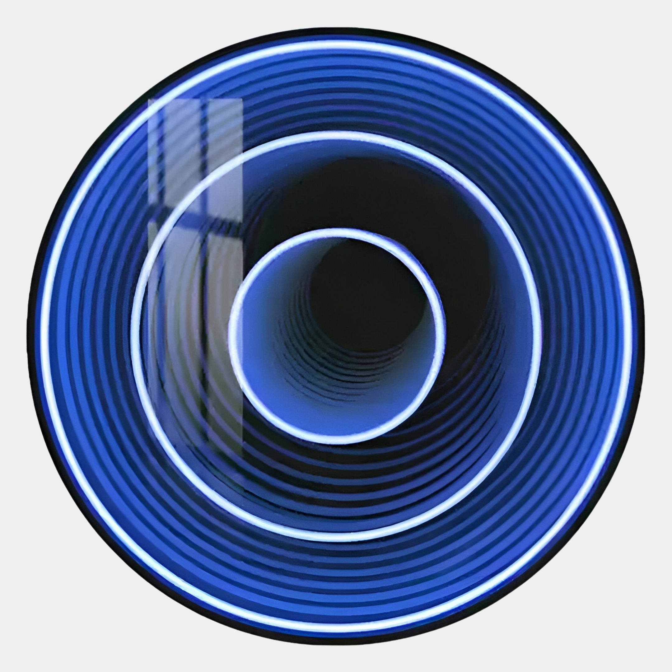 The Reflex Sapphire Mirror 3D LED Wall Art by Giant Sculptures showcases infinite blue and sapphire neon rings with a tunnel effect, while a rectangular reflection appears on the left side of the circular design.