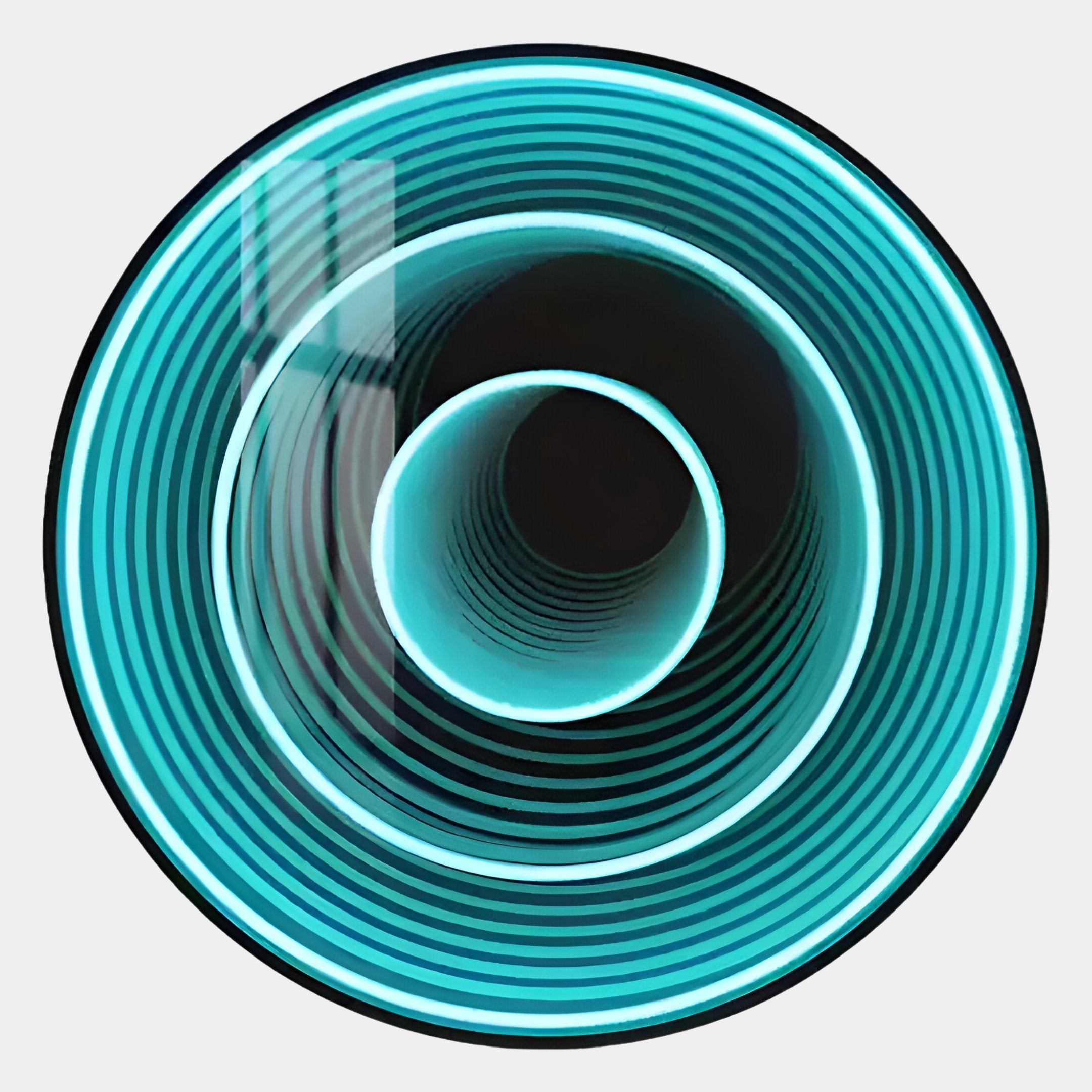 A top-down view of concentric glowing turquoise rings creates a tunnel effect, resembling the Reflex Turquoise Mirror 3D LED Wall Art by Giant Sculptures, with its distinctive mirror reflection on the left.