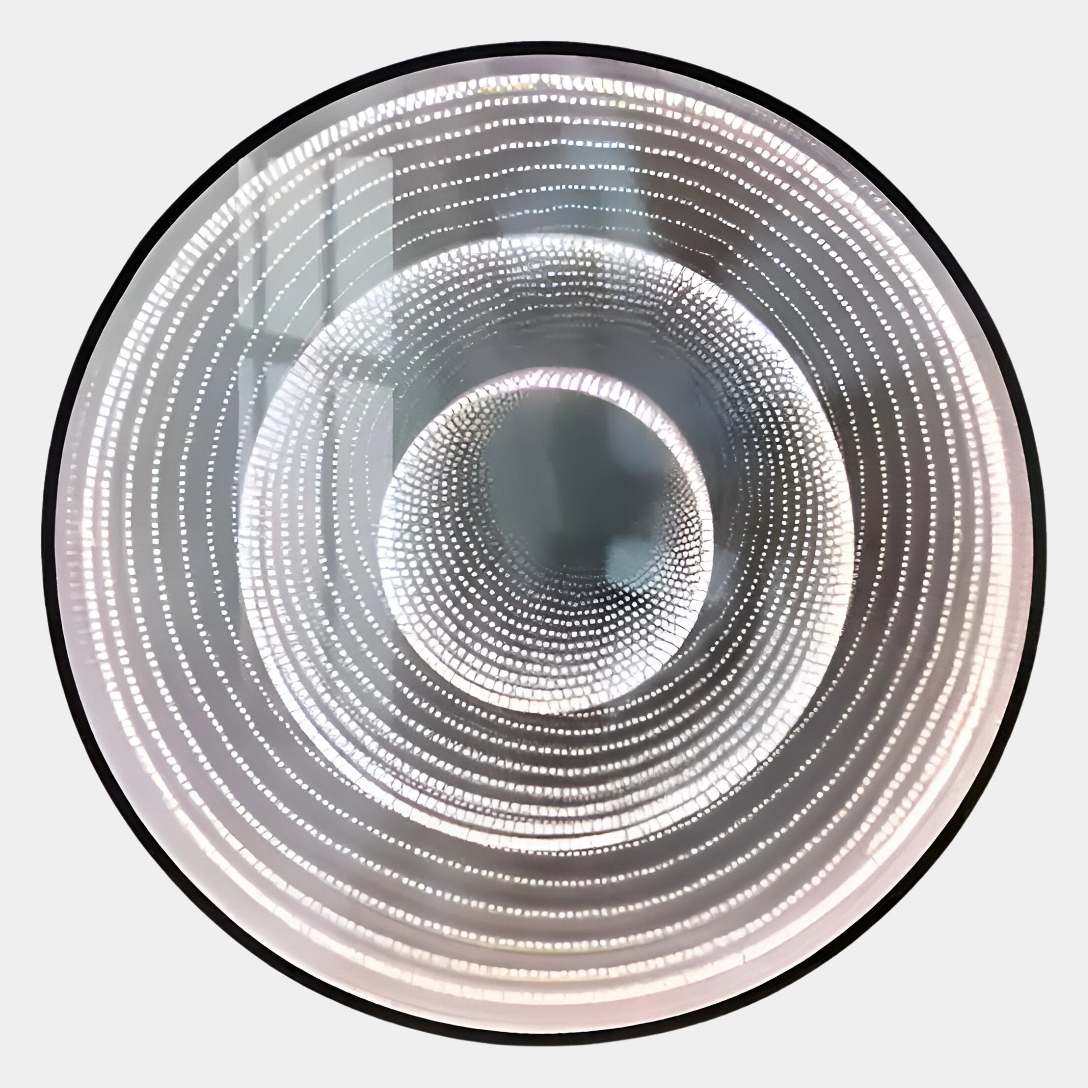 The Reflex Silver Mirror LED 3D Wall Art by Giant Sculptures features a circular spiral of concentric white dotted lines on a light gray background, creating a modern vortex effect—ideal for stylish home décor.