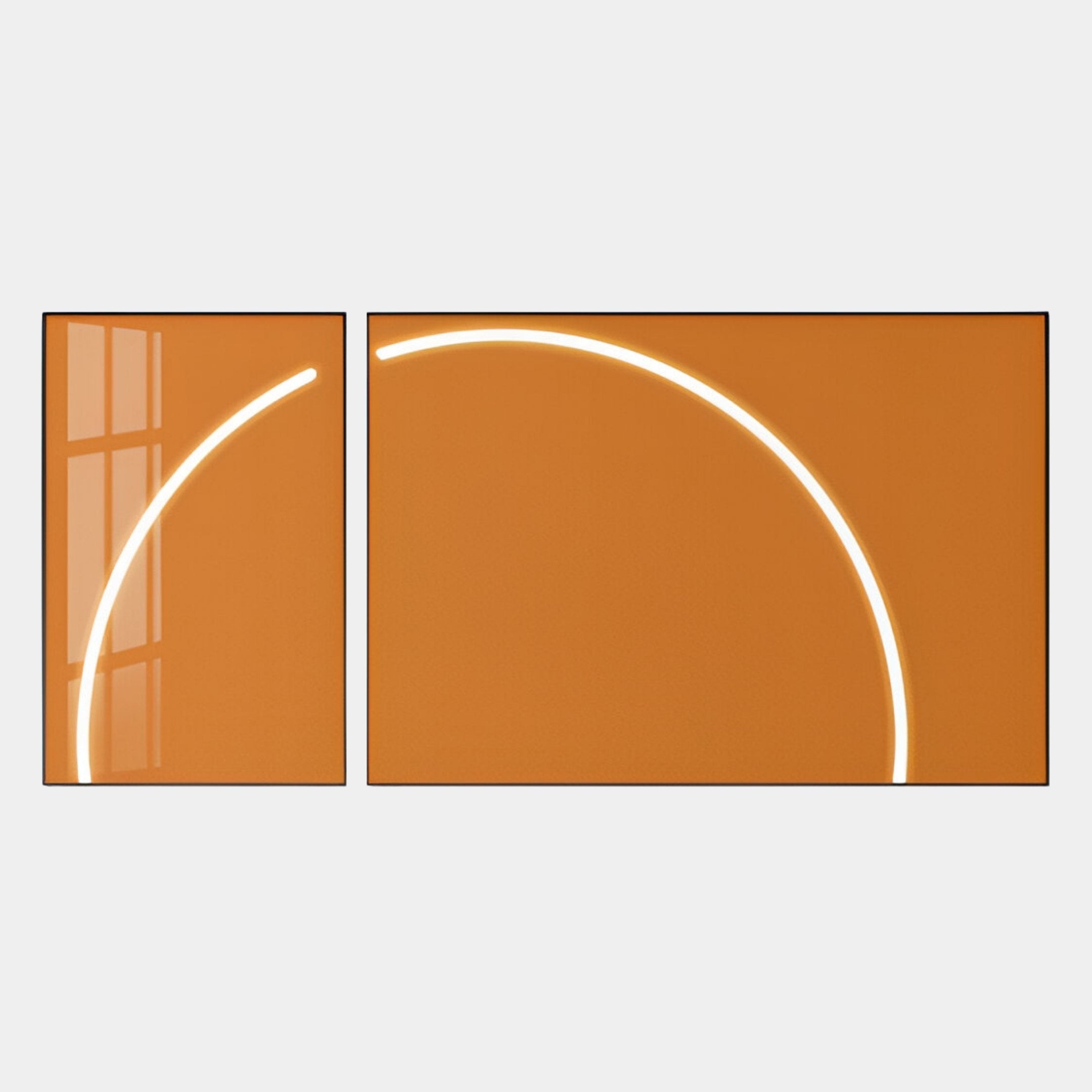 Two rectangular Enigma Amber Sunrise LED Wall Art panels by Giant Sculptures sit side by side, each featuring part of a bright white arc across both panels with reflections of window panes on the left, adding contemporary flair.