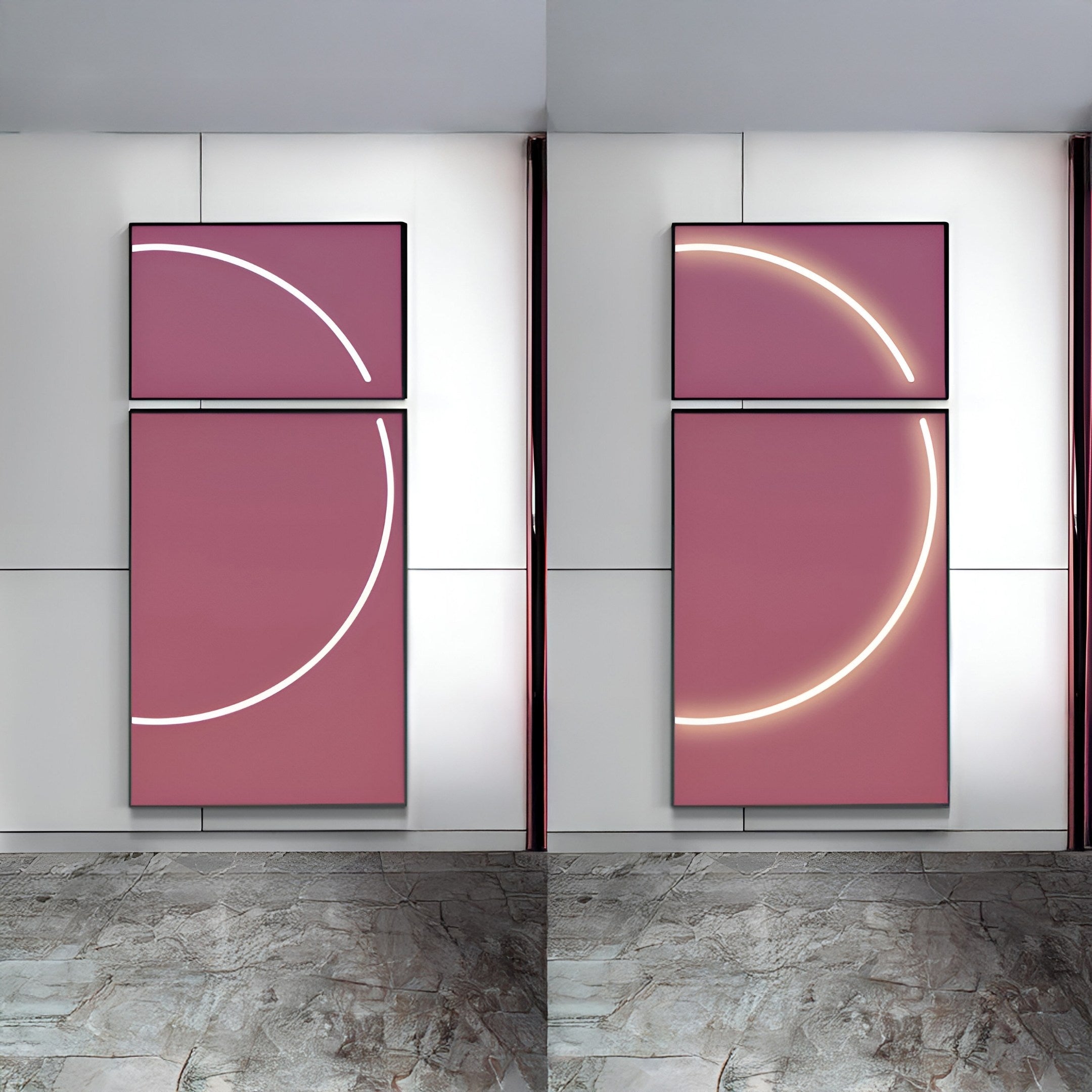 Two contemporary rectangular artworks, named Enigma Rosewood Glow by Giant Sculptures, grace the wall with stacked panels. They showcase a magenta background and neon-like white lines resembling incomplete circles, contrasting beautifully with the gray stone floor.