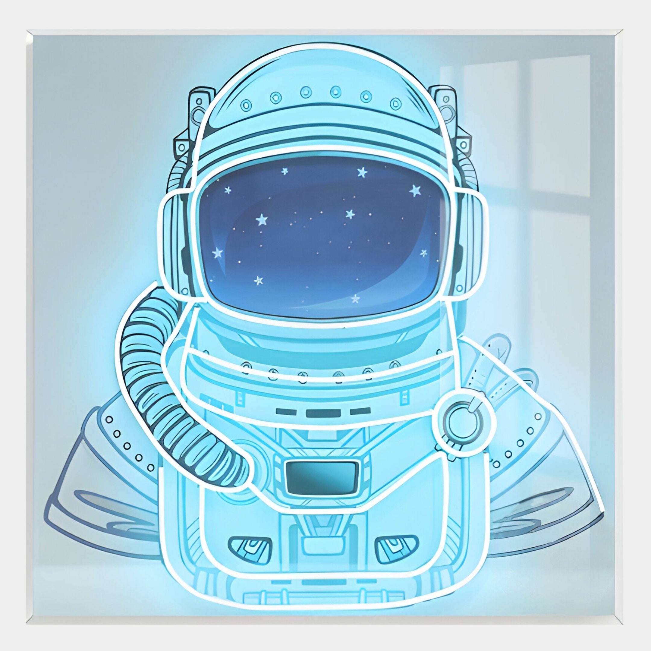 Stellar Neon Aqua Acrylic 3D LED Wall Art by Giant Sculptures features a glowing blue astronaut suit with a starry sky in the helmet visor, Astronaut Motif, on a light background with faint window shadow.