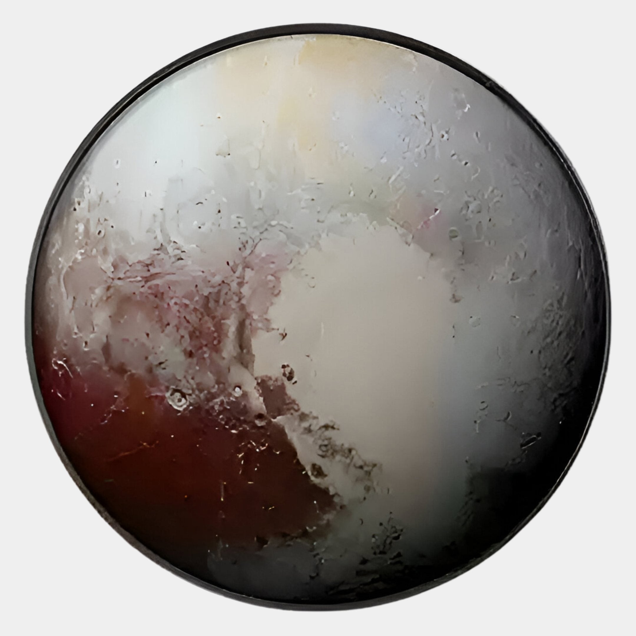 The Galaxia Pluto Crystal Porcelain LED Wall Art by Giant Sculptures features a Pluto-inspired round design with reddish, gray, and white tones, a heart-shaped area, and celestial light effects in crystal porcelain.