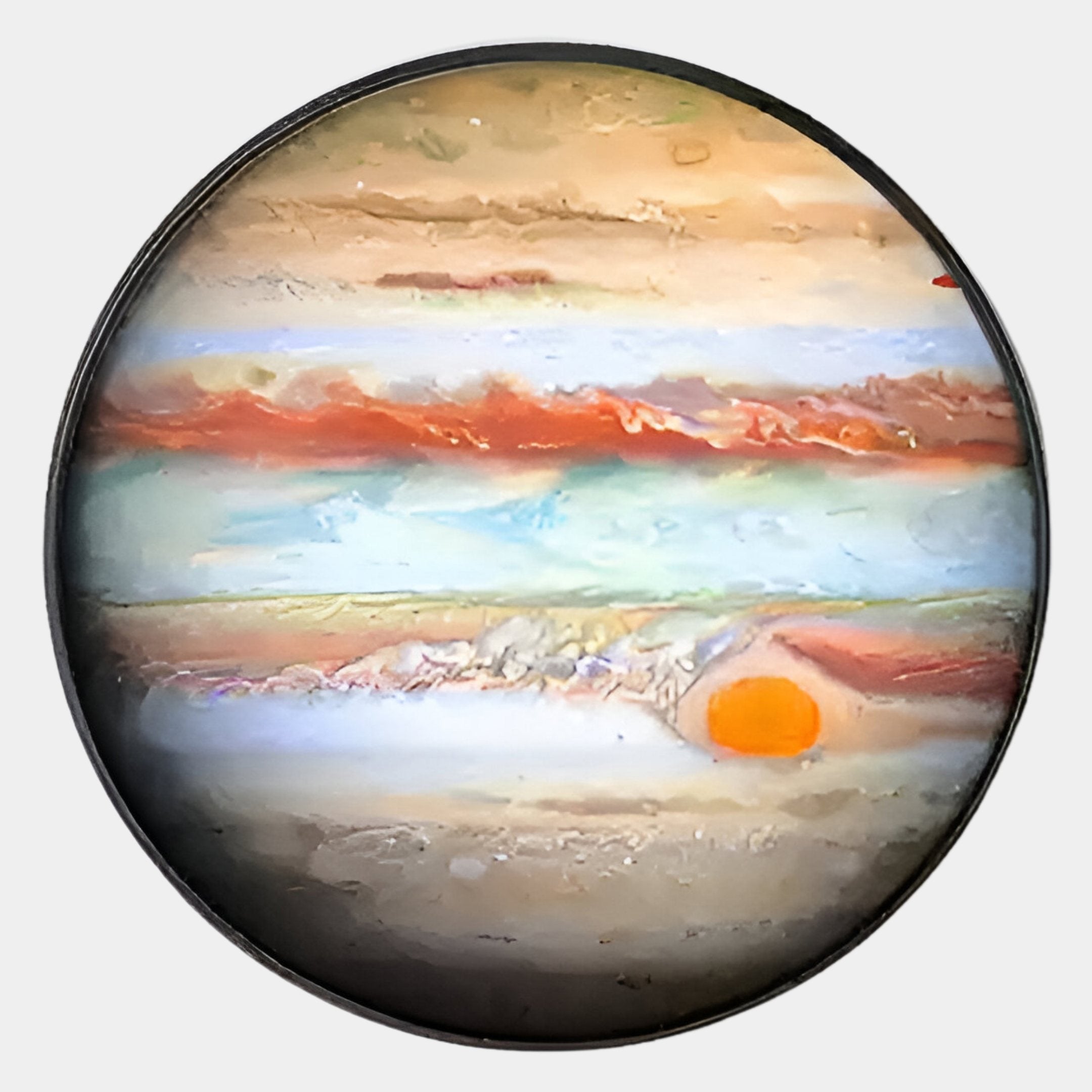 The Galaxia Jupiter Crystal Porcelain LED Wall Art by Giant Sculptures features swirling tan, brown, and white bands with a striking orange spot, echoing Jupiters famous Great Red Spot and celestial beauty.