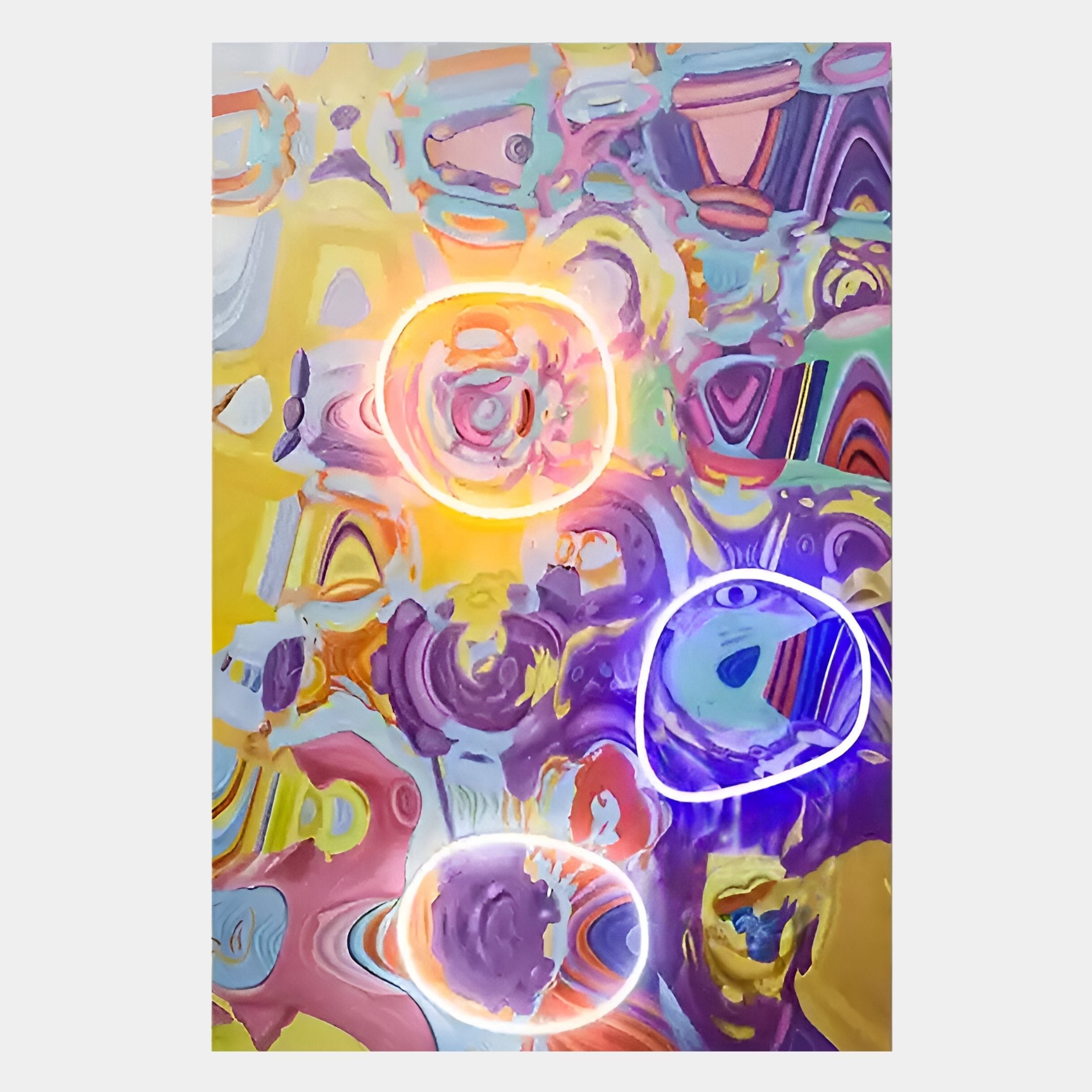 The Elysian Chromatic Vortex Oil Painting 3D LED Wall Art by Giant Sculptures features swirling yellow, purple, pink, and blue shades with three glowing neon rings, creating a mesmerizing chromatic vortex effect on your wall.