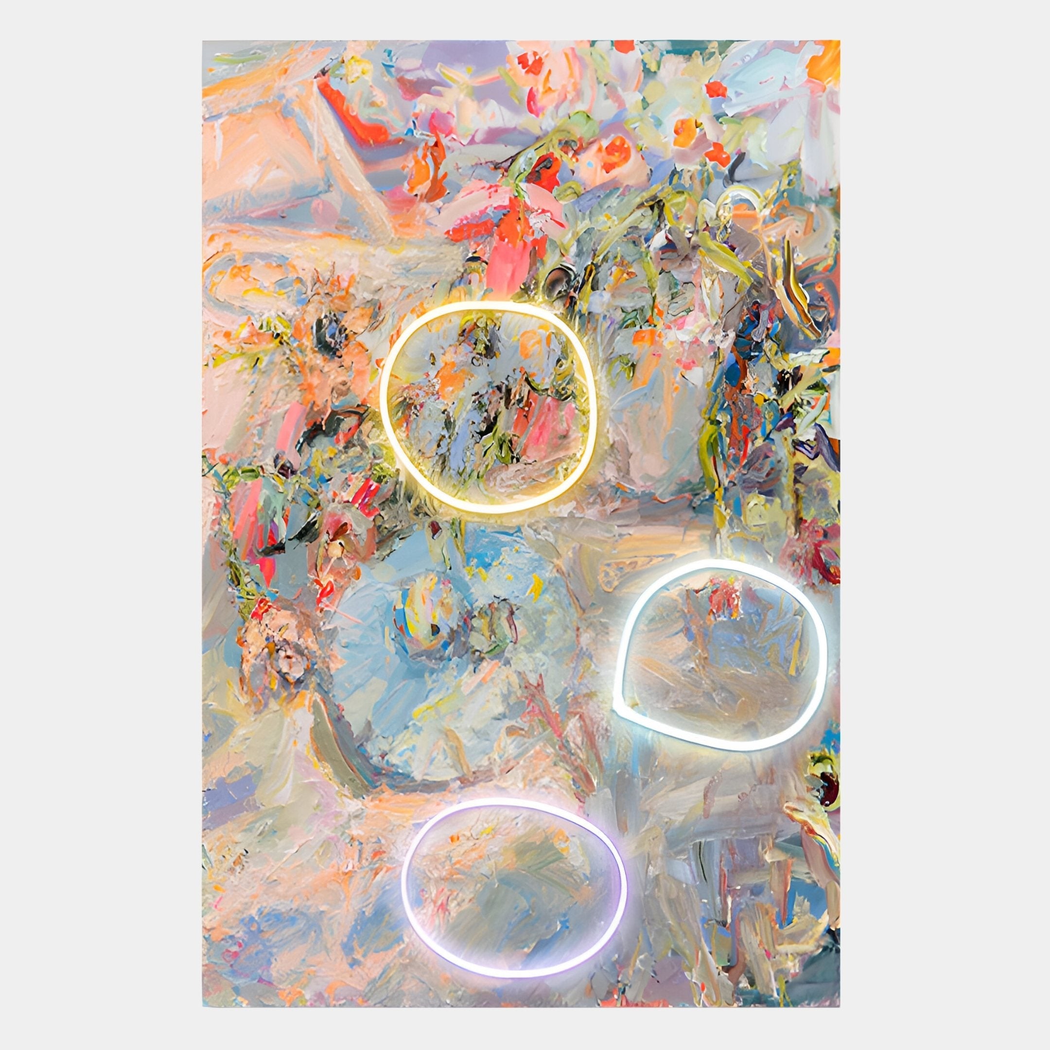 The Elysian Pastel Bloom Oil Painting 3D LED Wall Art by Giant Sculptures features vibrant, swirling pastel colors with three glowing neon circles—yellow, blue, and purple—evoking modern LED art on a soft background.