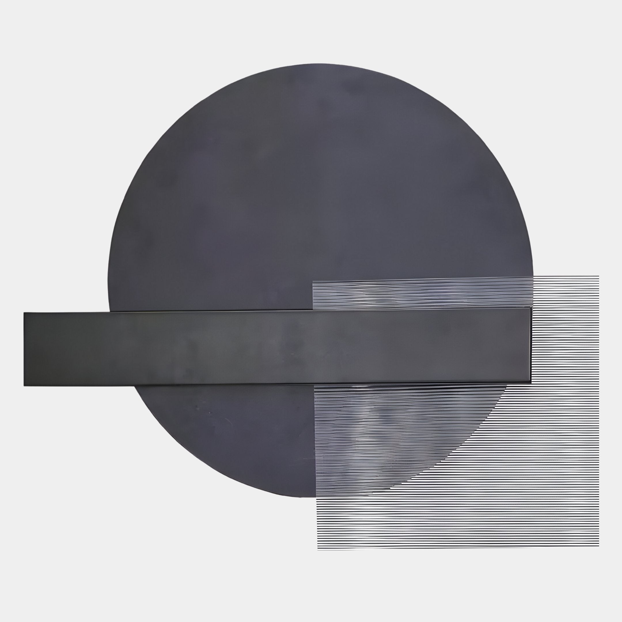 The Aeon Onyx Graphite Leather 3D LED Wall Art by Giant Sculptures features a large dark gray circle, black overlapping rectangle, and transparent square with thin lines—showcasing modern minimalist craftsmanship.