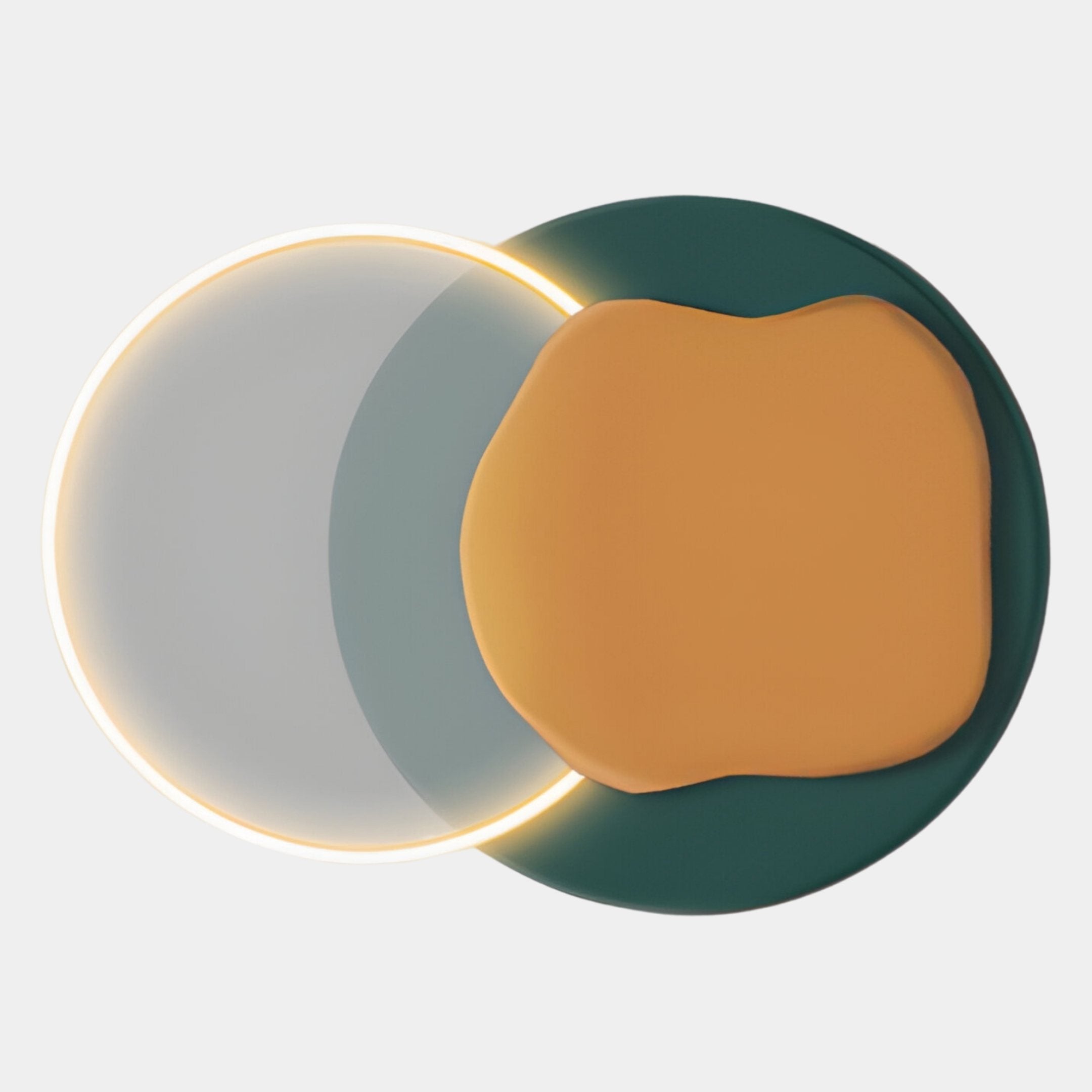 Arcadia Teal Ochre Leather 3D LED Wall Art by Giant Sculptures features glowing white and dark green circles with a soft-edged orange form on a light background—ideal for contemporary interiors.