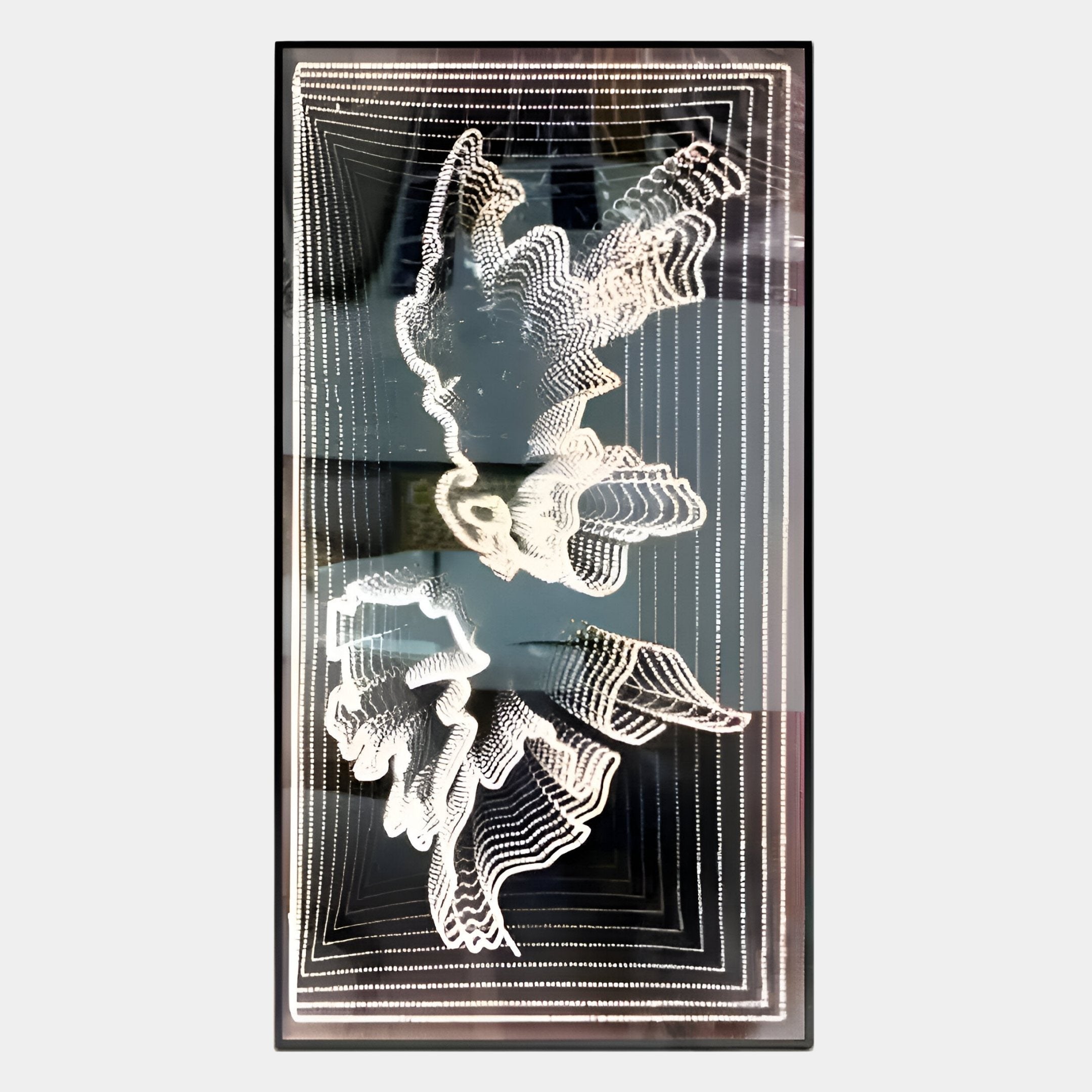 The Horizon Butterfly Harmony 3D LED Mirror Wall Art by Giant Sculptures displays two abstract white 3D shapes in dotted lines on an LED mirror with concentric rectangular patterns radiating outward.