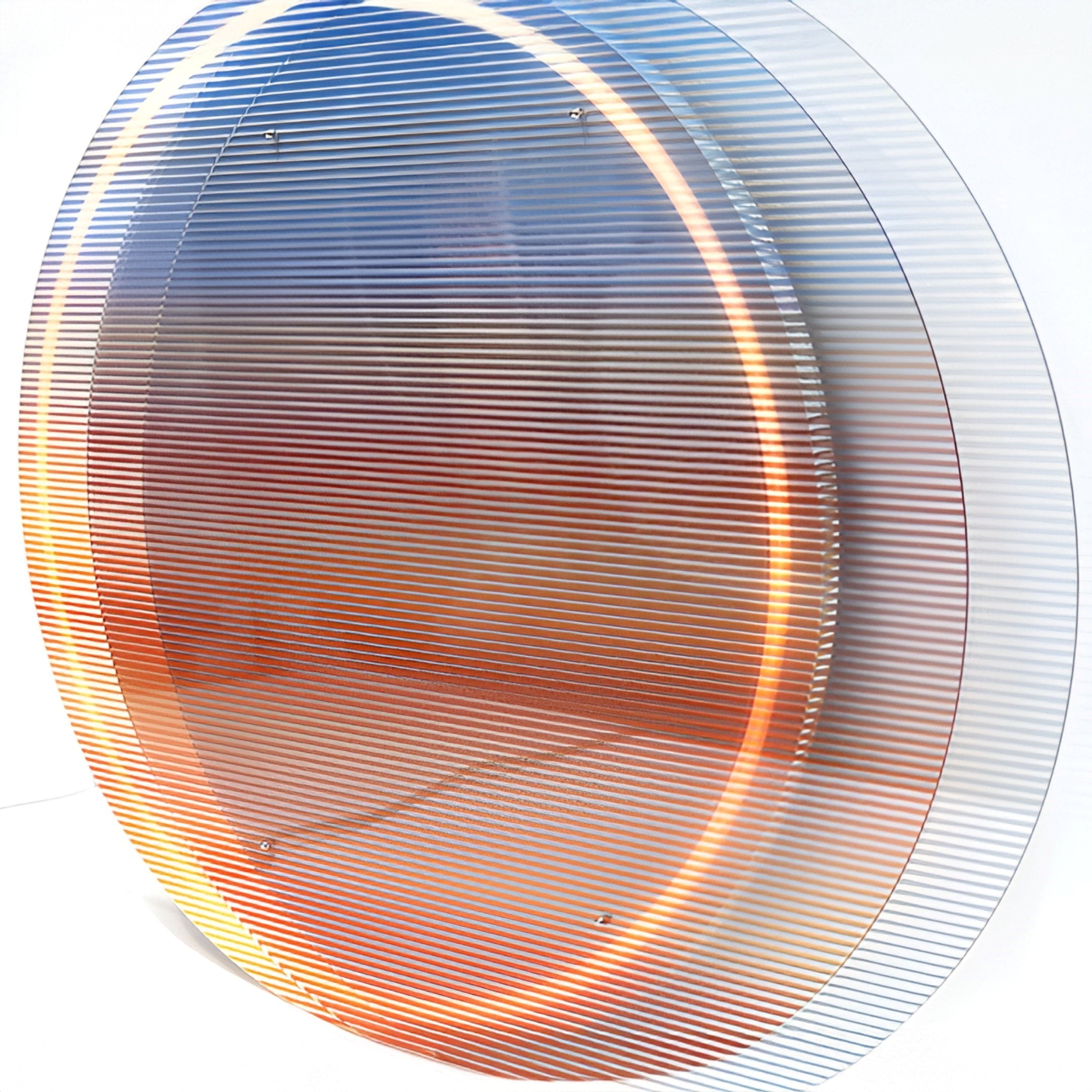 The Chromia Sunrise Glow Acrylic 3D LED Wall Art by Giant Sculptures is a circular, translucent piece with fine horizontal lines and orange-blue gradient hues. Its integrated LEDs create a glowing halo, highlighting its modern, abstract style.