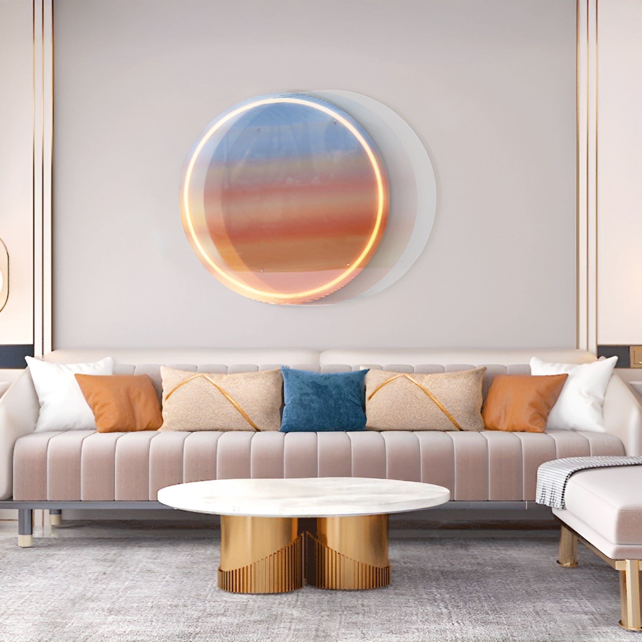 A modern living room with a beige sofa, colorful pillows, a round gold-and-white coffee table, and the Chromia Sunrise Glow Acrylic 3D LED Wall Art by Giant Sculptures with sunset colors and dimmer functionality above the sofa.