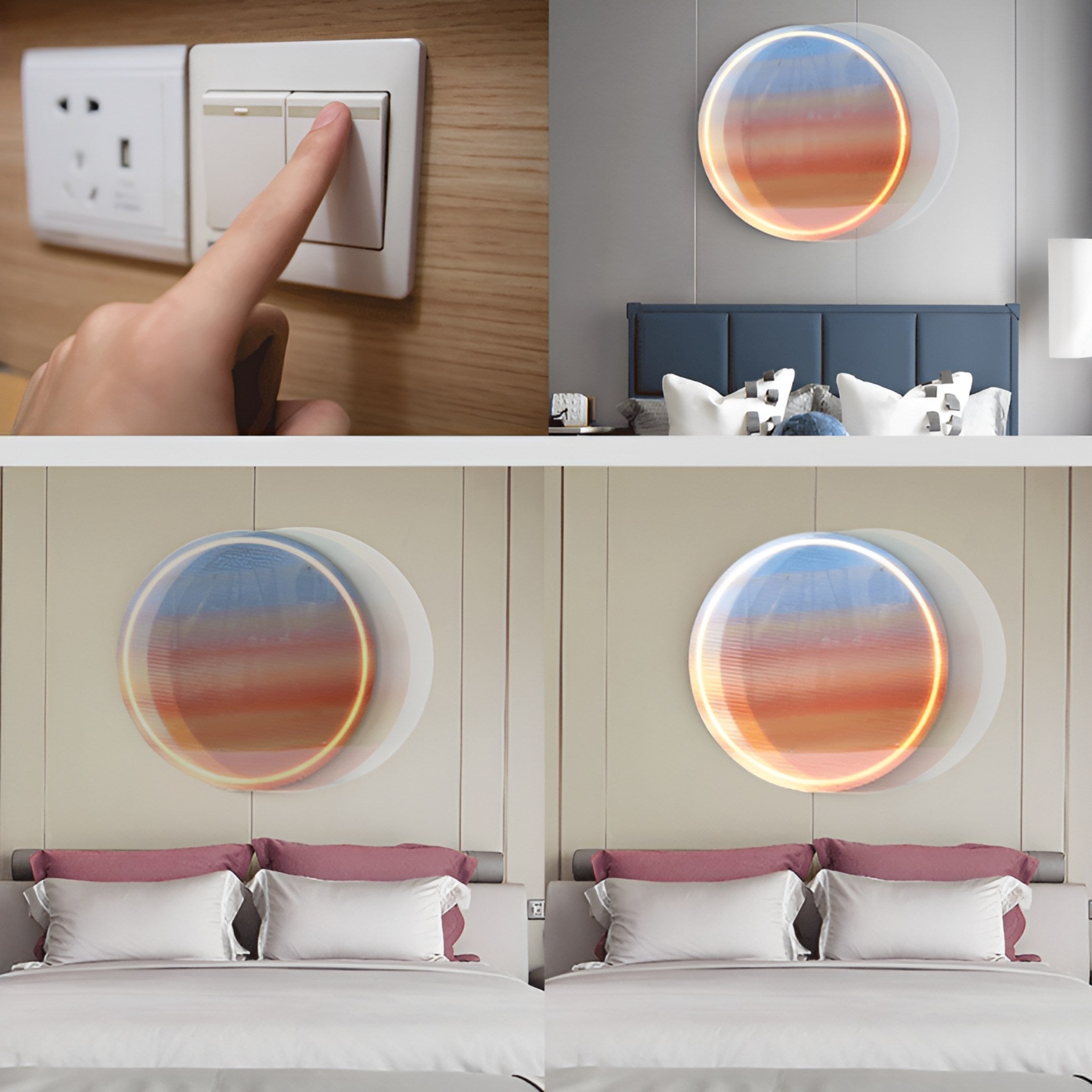 A hand presses a dimmer switch; three images display the Giant Sculptures Chromia Sunrise Glow Acrylic 3D LED Wall Art above beds, casting soft, colorful LED light in diverse patterns within modern bedrooms.