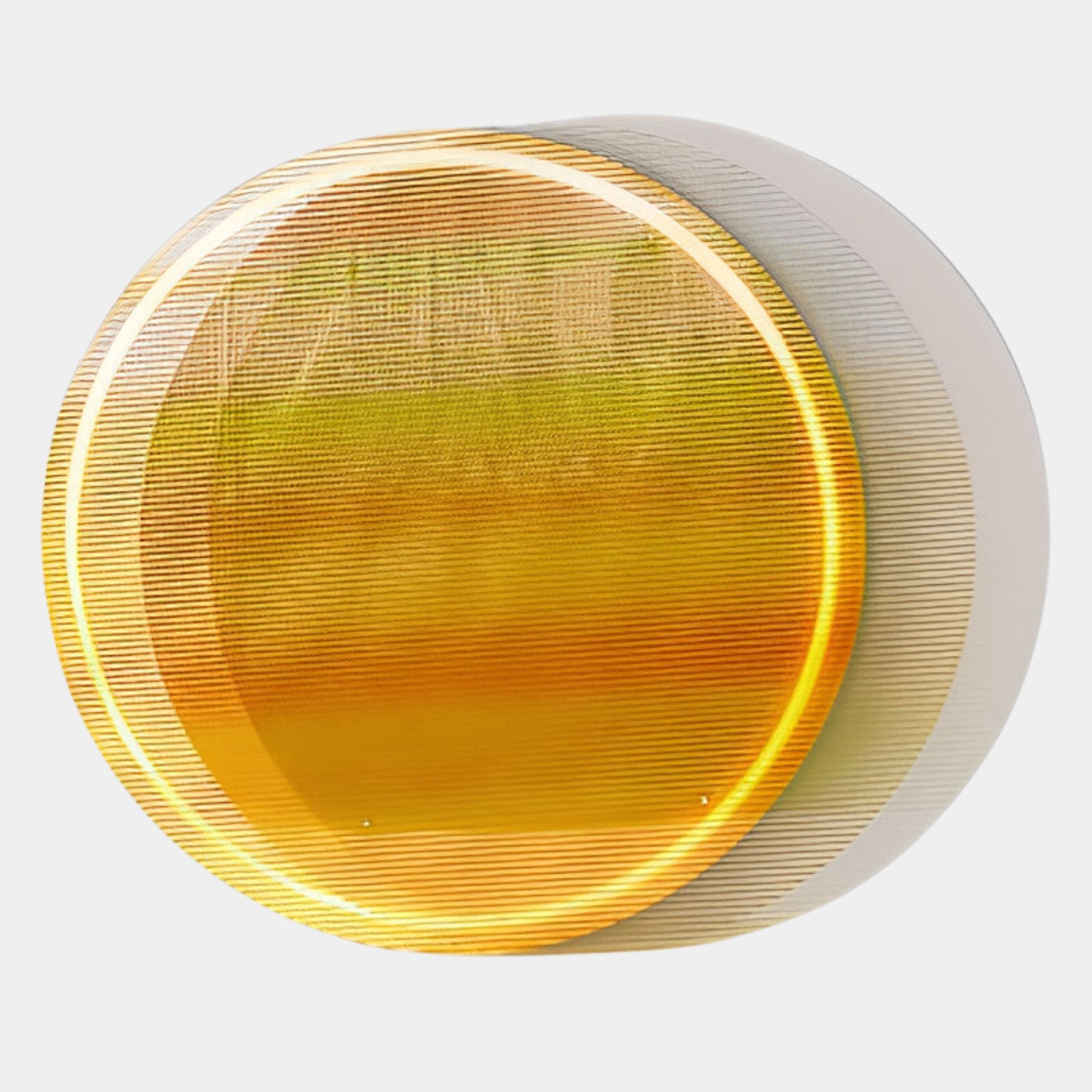 The Chromia Golden Horizon Acrylic 3DLED Wall Art by Giant Sculptures is a round wall-mounted lamp featuring overlapping translucent yellow and white panels, fine horizontal lines, and a modern sunset-inspired artistic vibe.