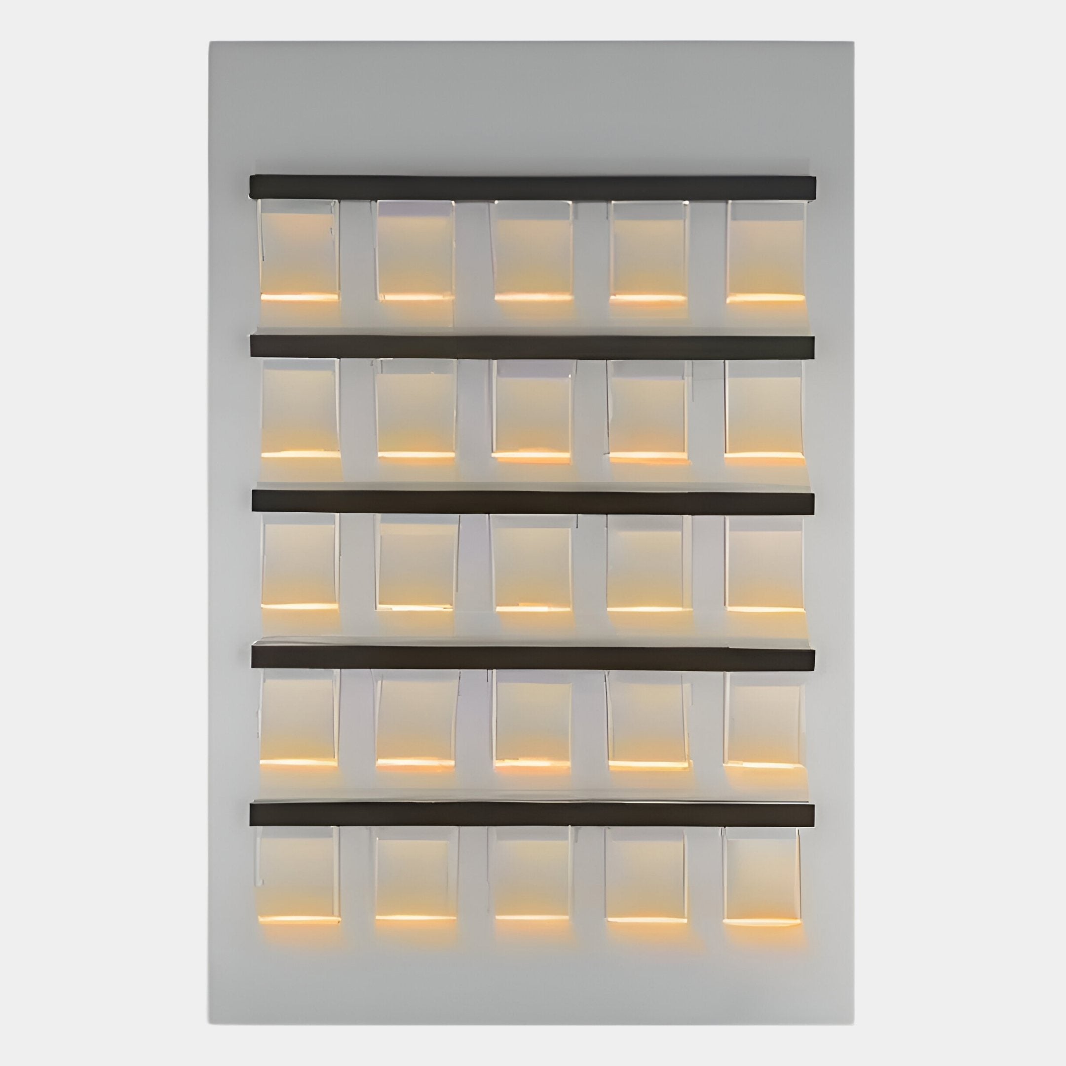 The Zenith White 3D Acrylic LED Layered Illumination Wall Art by Giant Sculptures is a modern, wall-mounted fixture featuring six horizontal bars with rectangular translucent panels that emit a warm glow, showcasing minimal geometric design and depth.