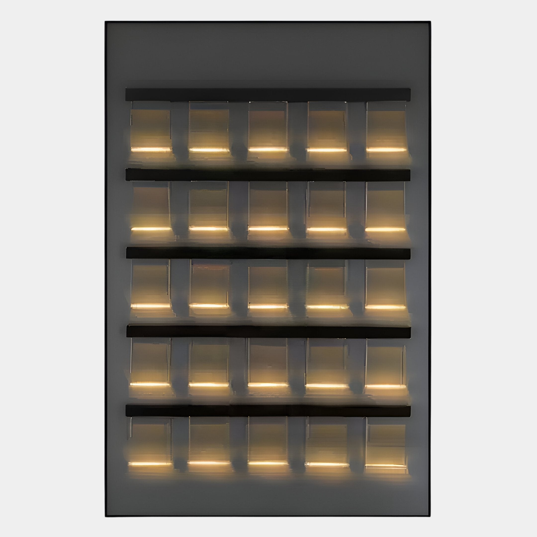 The Zenith Black 3D Framed Acrylic LED Layered Illumination Wall Art by Giant Sculptures features five horizontal rows of translucent slots, warmly backlit on a sleek gray panel, adding geometric flair to modern interiors.