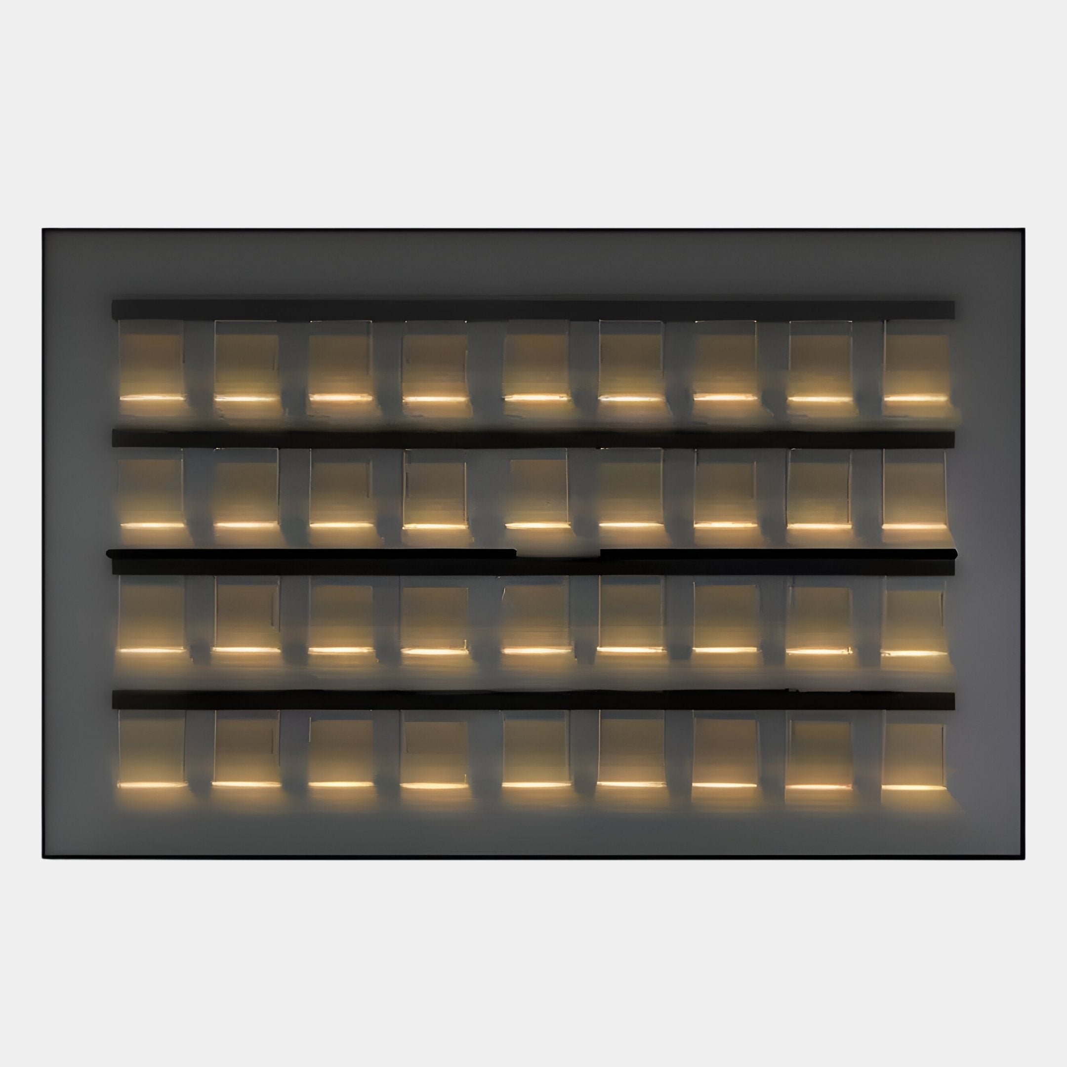 Zenith Black 3D Framed Horizontal Acrylic LED Layered Wall Art by Giant Sculptures features five minimalist rows of softly glowing yellow panels—ideal for contemporary interiors and LED wall art lovers.