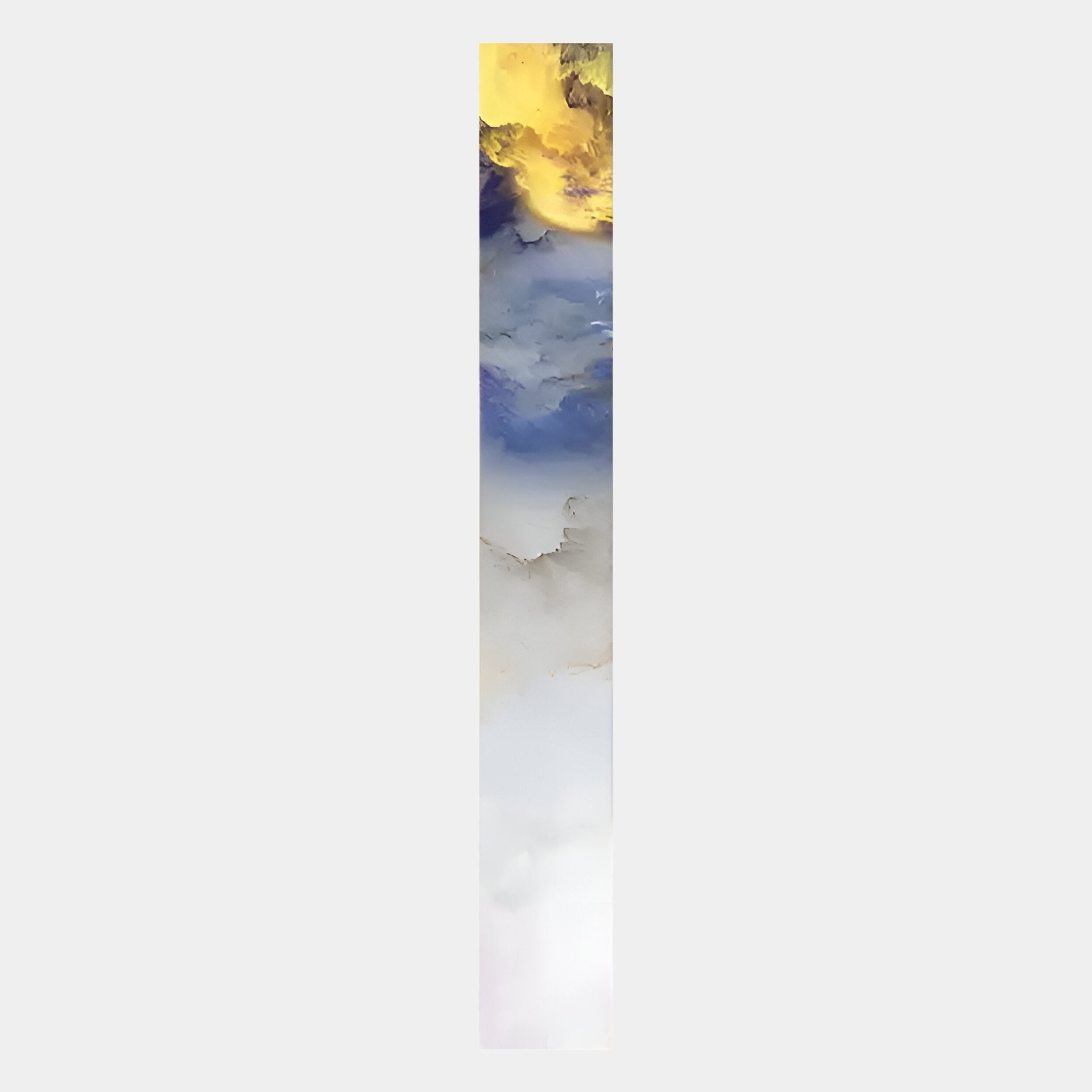 The Chroma Horizon Sky Hues LED Wall Art Canvas by Giant Sculptures features a tall, narrow design with swirling yellow, blue, and white on a light gray background—perfect for adding tranquil modern style to your space.