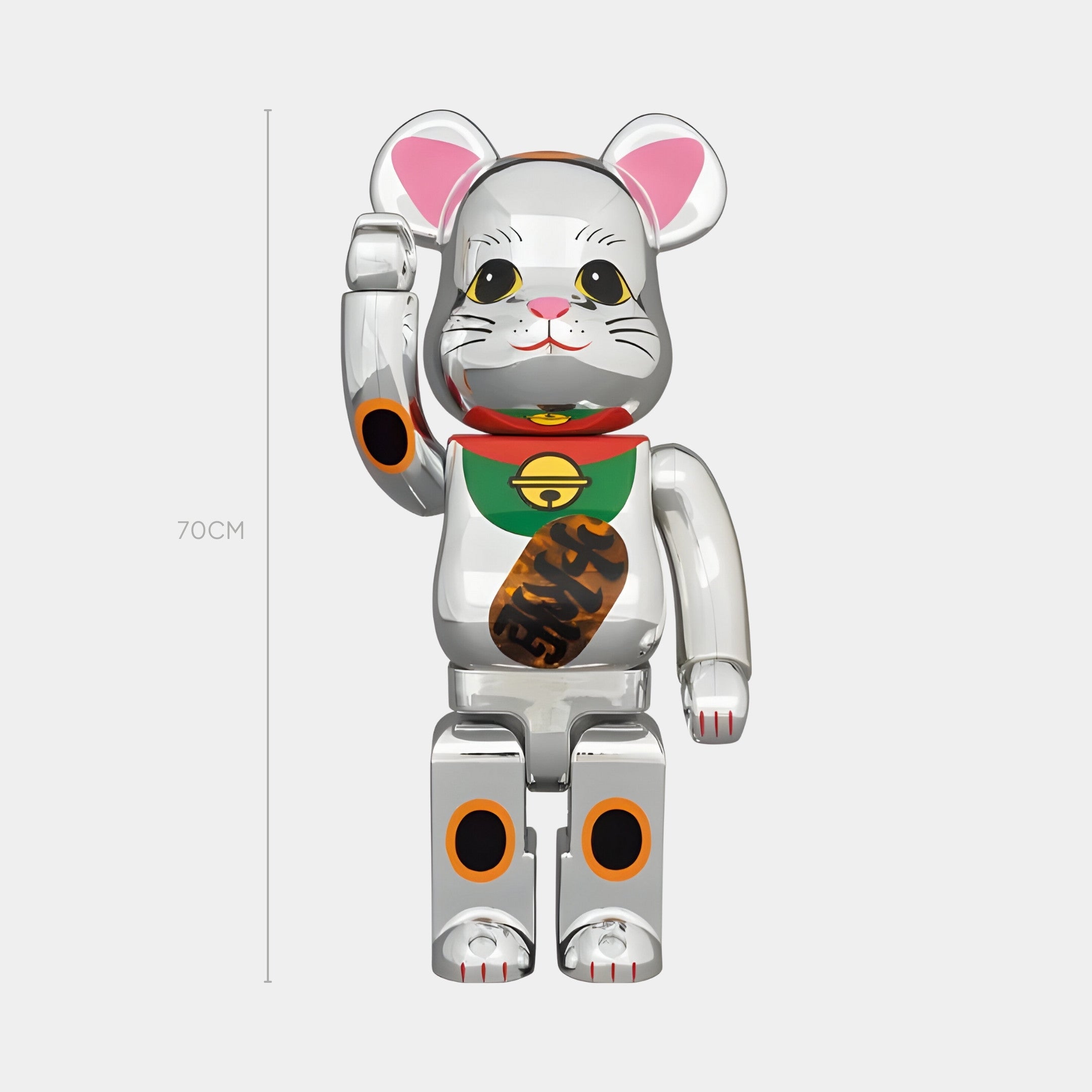 The Giant Sculptures Lucky Paw Chrome Bear Sculpture is a 70cm silver figurine styled as a Japanese lucky cat, featuring a metallic mirror finish, pink ears, raised beckoning paw, bell collar, and black markings.