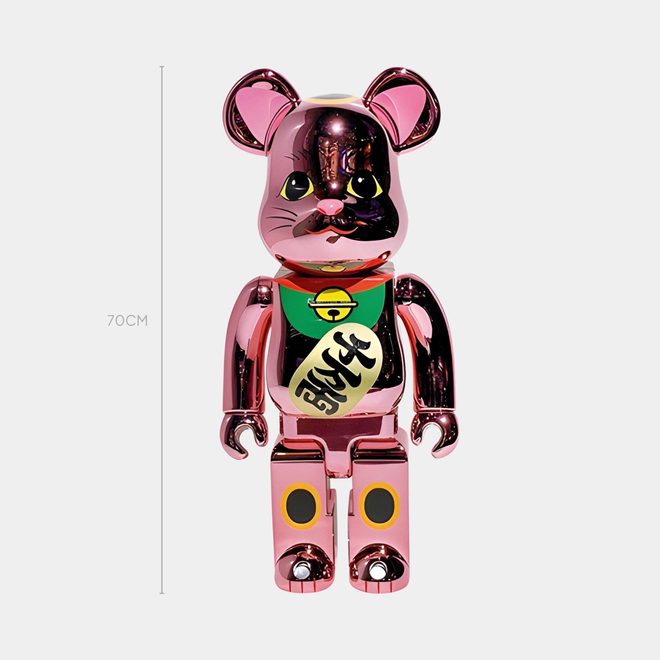 The Giant Sculptures Lucky Paw Pink Bear Sculpture - 70cm features a rose-tint chrome finish, blending bear and maneki-neko cat traits, with a green collar and gold medallion—ideal for adding charm to any space.