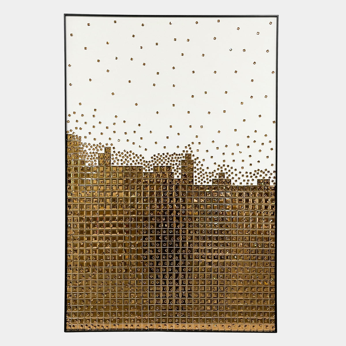 Lumicast Gold Cascade Crystal Lens 3D Wall Art with dense raised gold squares at the base dispersing into scattered points on a white field, framed in black.