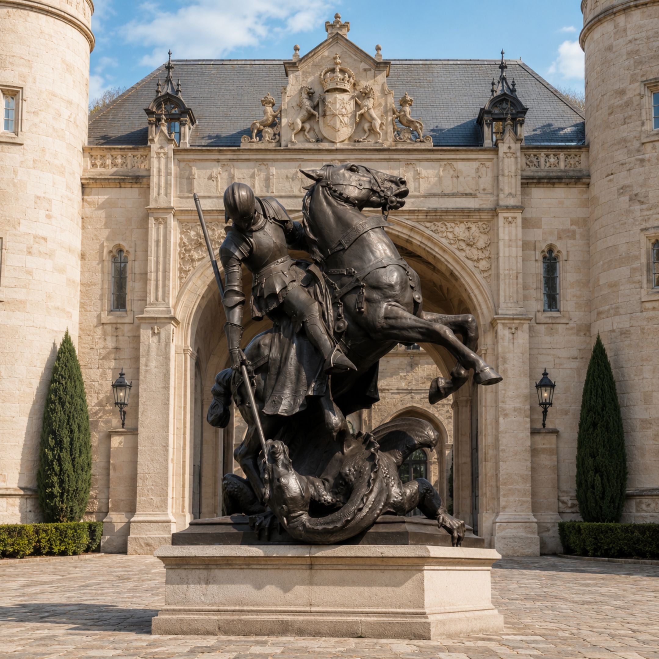 Giant Sculptures' 260cm bronze knight in plate armour lances a coiled dragon beside a rearing horse, dark patina, on a stone plinth before a Gothic building.