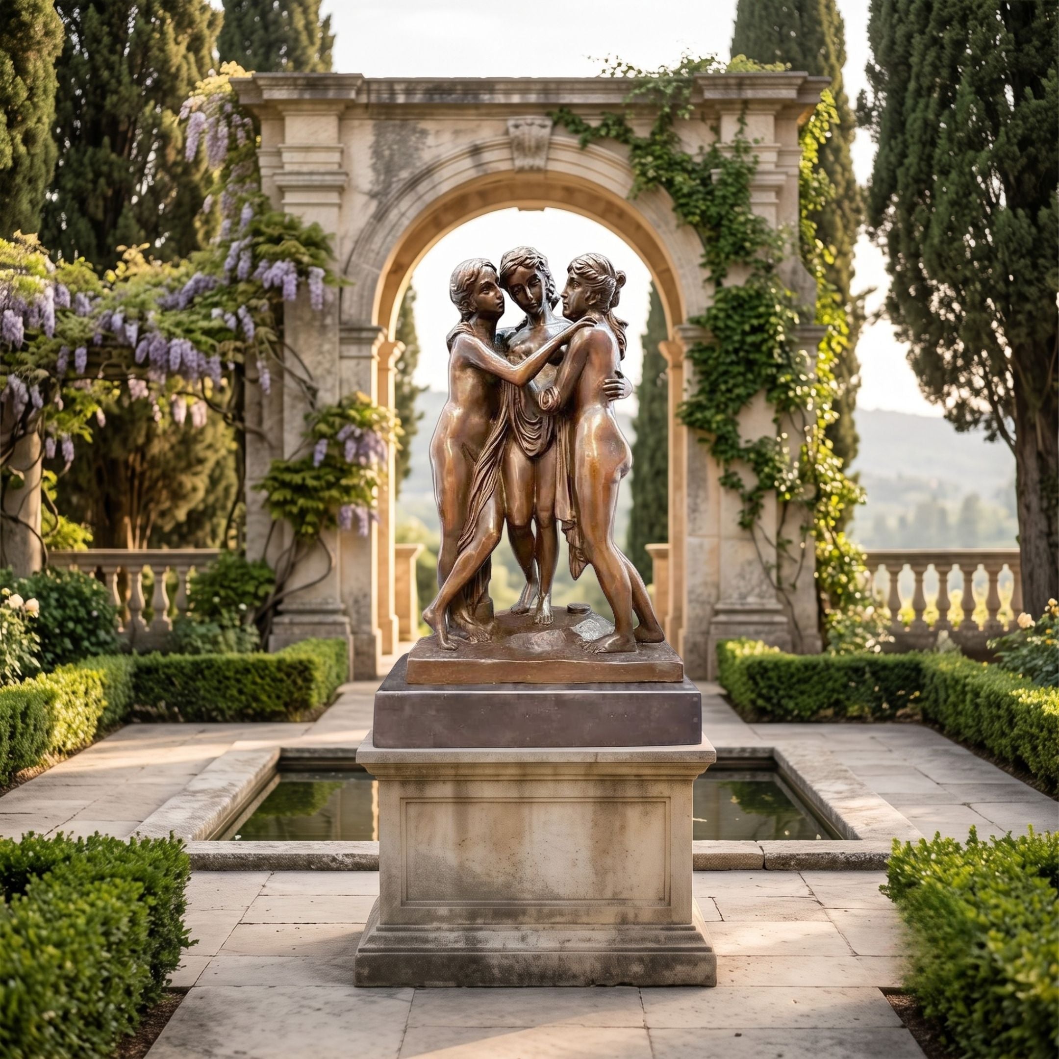 Giant Sculptures Large Classical Three Graces Bronze Sculpture 220cm on a dark marble plinth in a formal garden with archway, wisteria, and cypress trees.