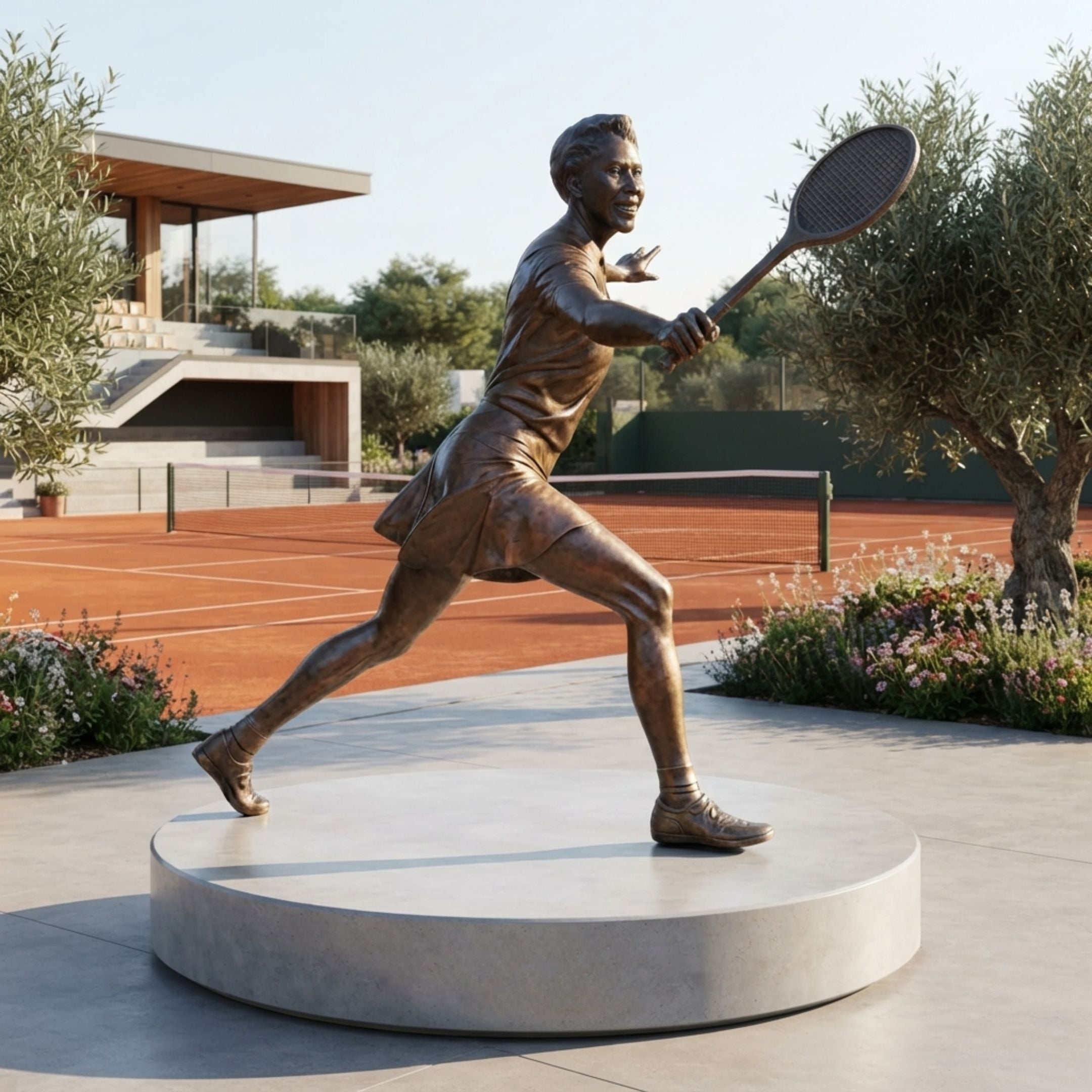 Large Contemporary Female Tennis Player Bronze Sculpture by Giant Sculptures, 210cm, mid-swing lunge with racket raised, on a round pale stone plinth beside a clay court.