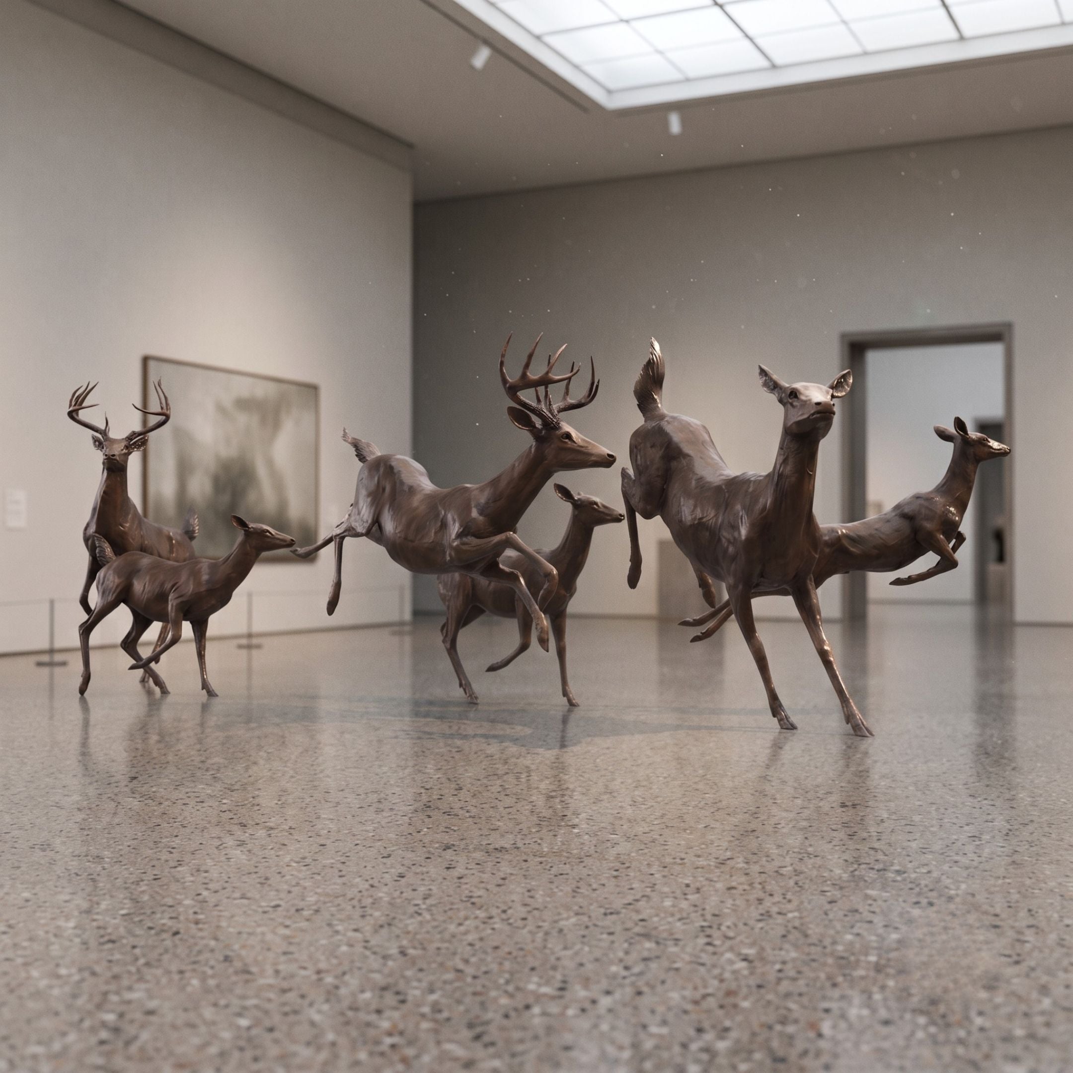 Giant Sculptures Large Traditional Running Deer Herd Bronze Fountain displayed indoors in a gallery, showing six leaping stags and does in dark antique patina.
