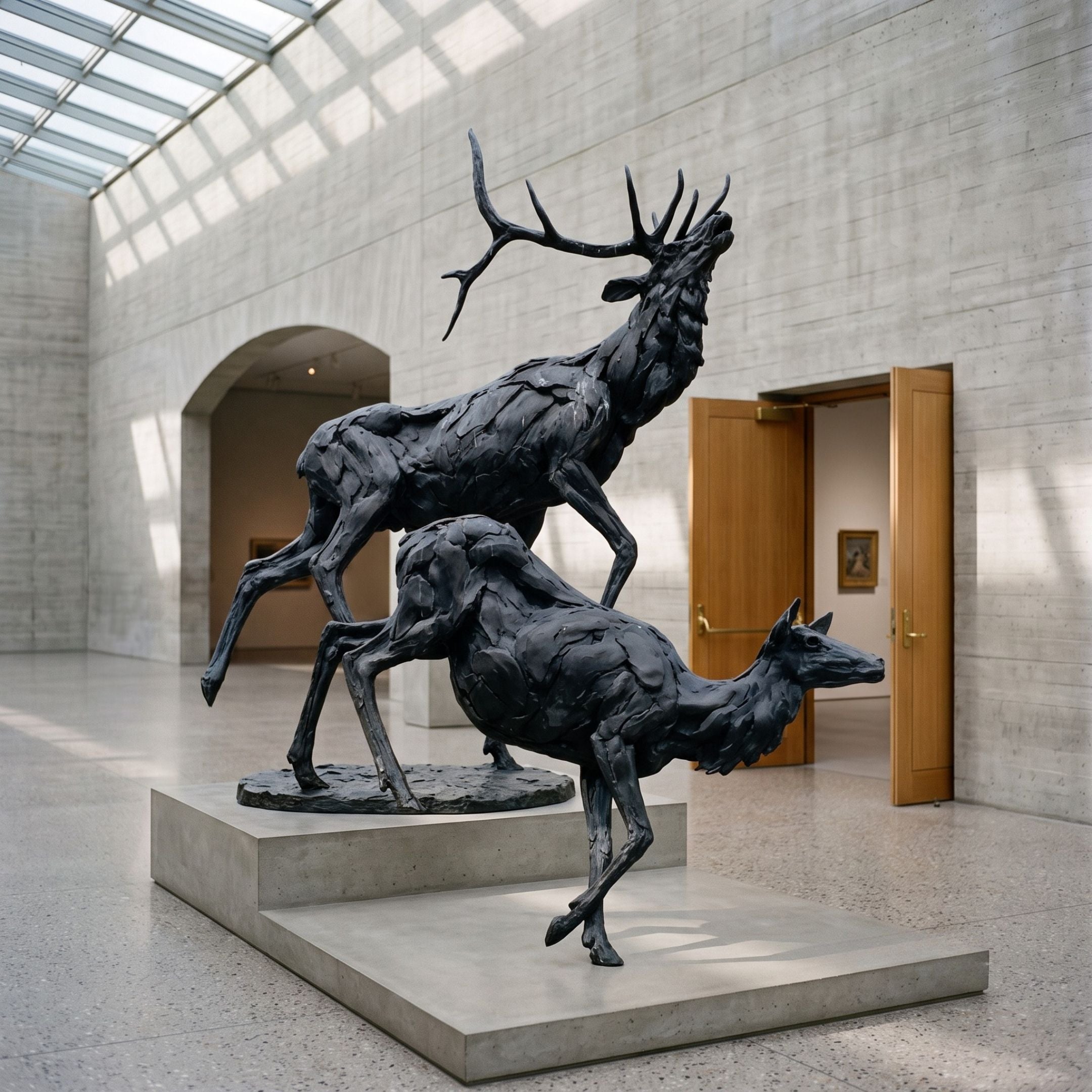 Life-Size Bugling Stag and Deer Bronze Sculpture by Giant Sculptures, dark patinated bronze pair mid-bugle and leaping on a pale plinth in a skylit gallery.