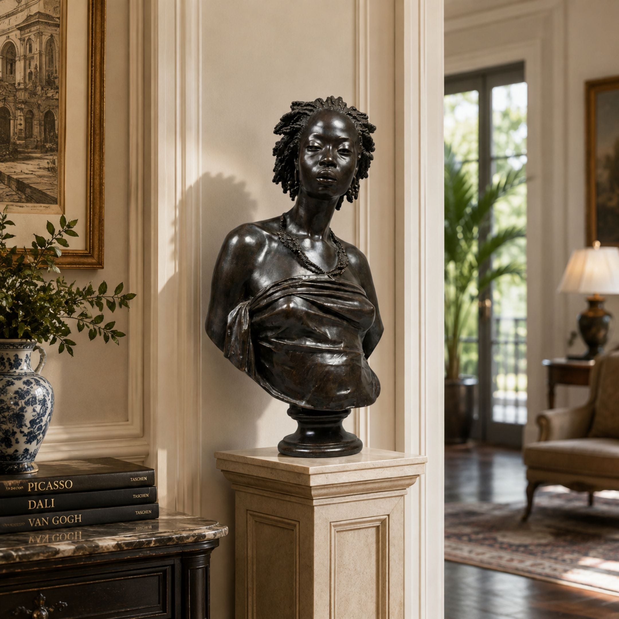 Life-Size Classical African Woman Bust Bronze Sculpture, 80cm, displayed on a pedestal in a living room beside a marble-top table and armchair.