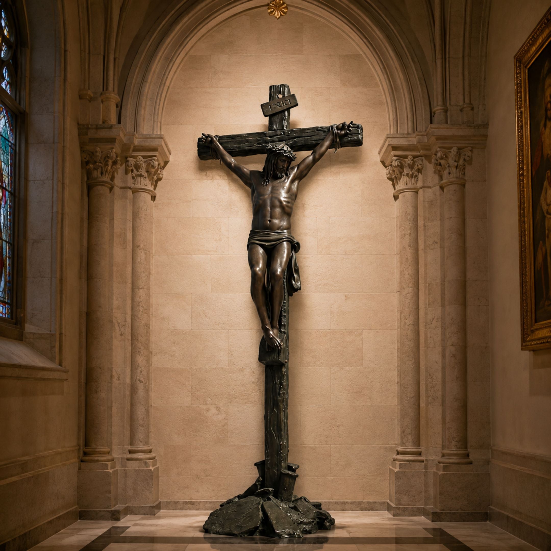 Life-Size Classical Crucifixion of Christ Bronze Sculpture, 300cm, dark bronze finish on a rocky base, displayed in an arched stone church niche.